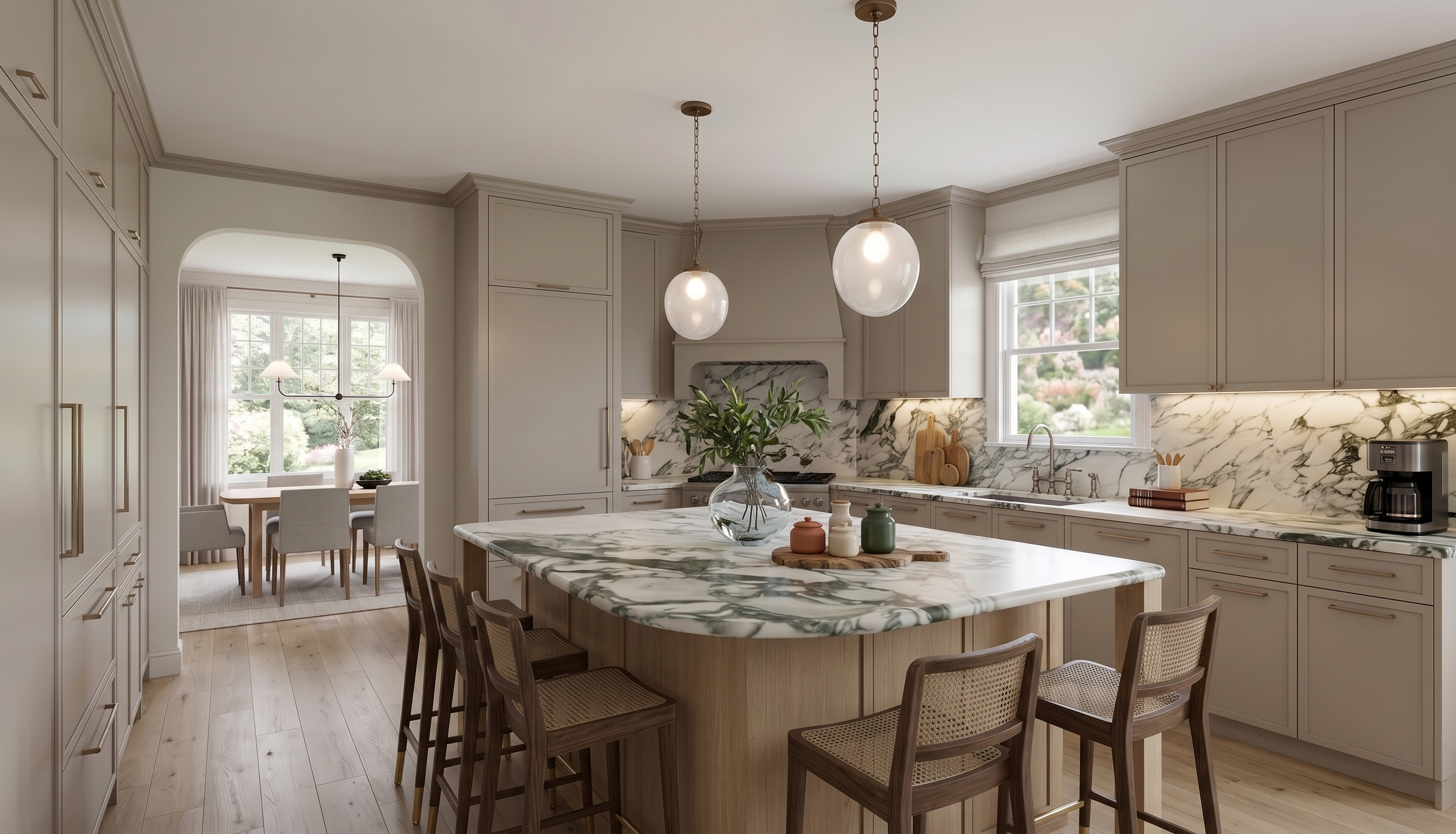 Modern kitchen with white and gray cabinetry, marble countertops, a marble backsplash, and pendant lighting over the island. There are large windows with views of greenery and a dining area in the background.