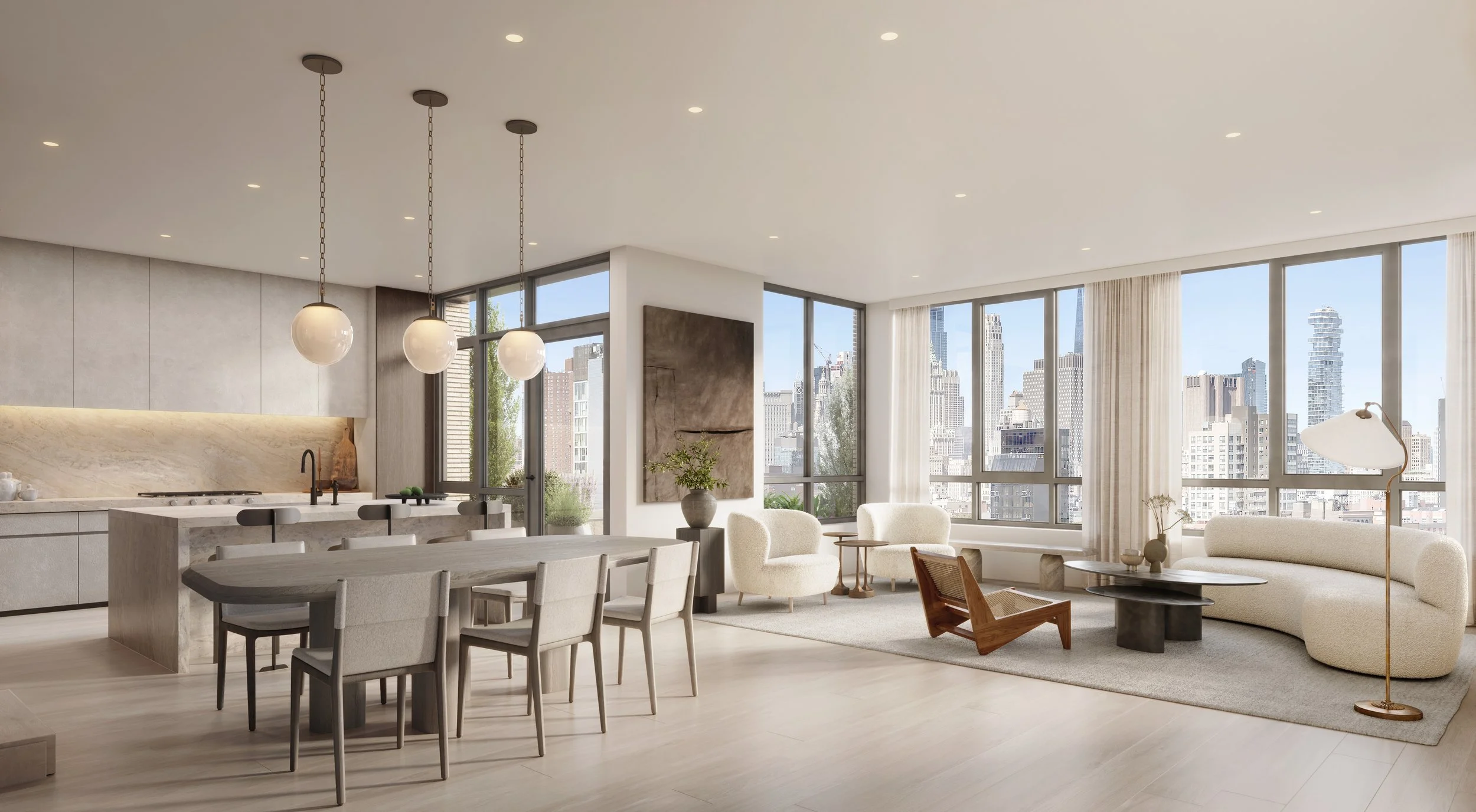 Open-concept modern living space with a kitchen, dining, and sitting area, large windows with city skyline views, neutral color palette, minimalist decor, and natural light.