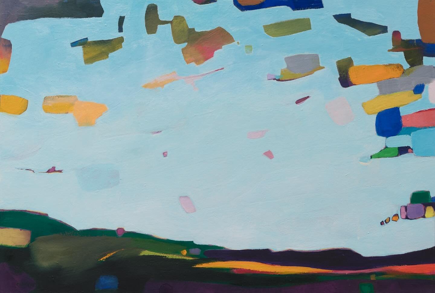 Nicole Renee Ryan&rsquo;s dreamlike landscape paintings are filled with pops of color and fun shapes that float around playfully! They are based on memories of memories, things that are real and unreal. #abstractshapes 
.
&ldquo;Between Here and Ther