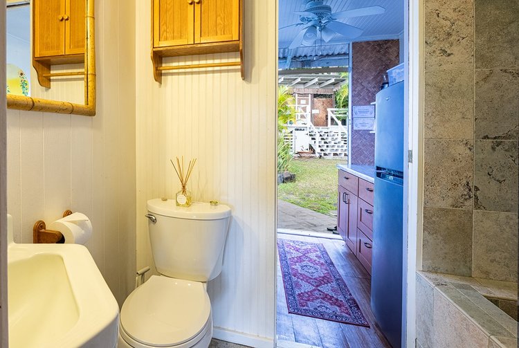 Mango Suite kitchen and bathroom at Paliuli Farm Sanctuary, Big Island Hawaii