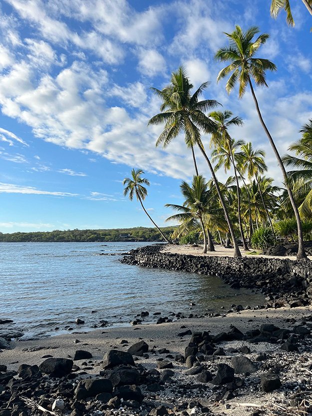  Sunset beach with palm trees and hammocks at Paliuli Farm, Hestia Magic writers retreat sanctuary Hawaii 