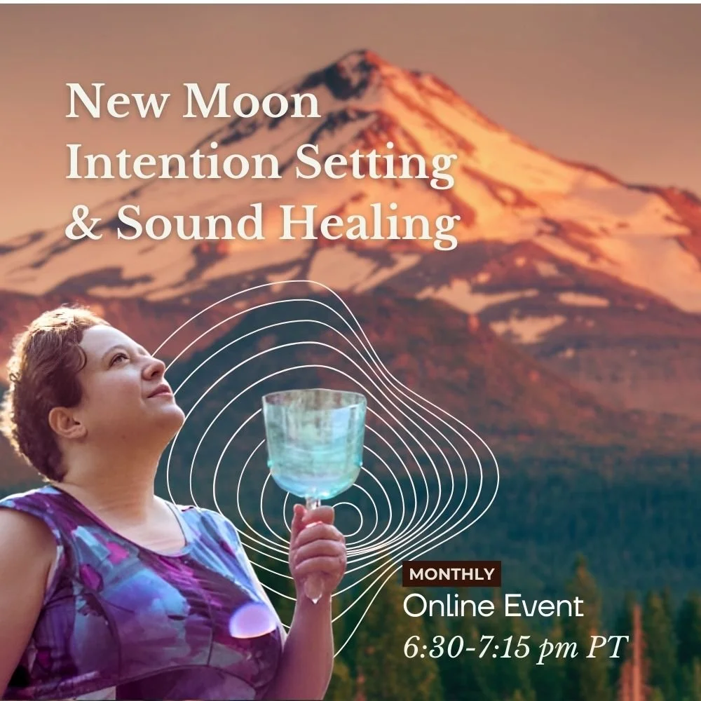 New Moon intention setting and sound healing online wellness event with Mount Shasta backdrop