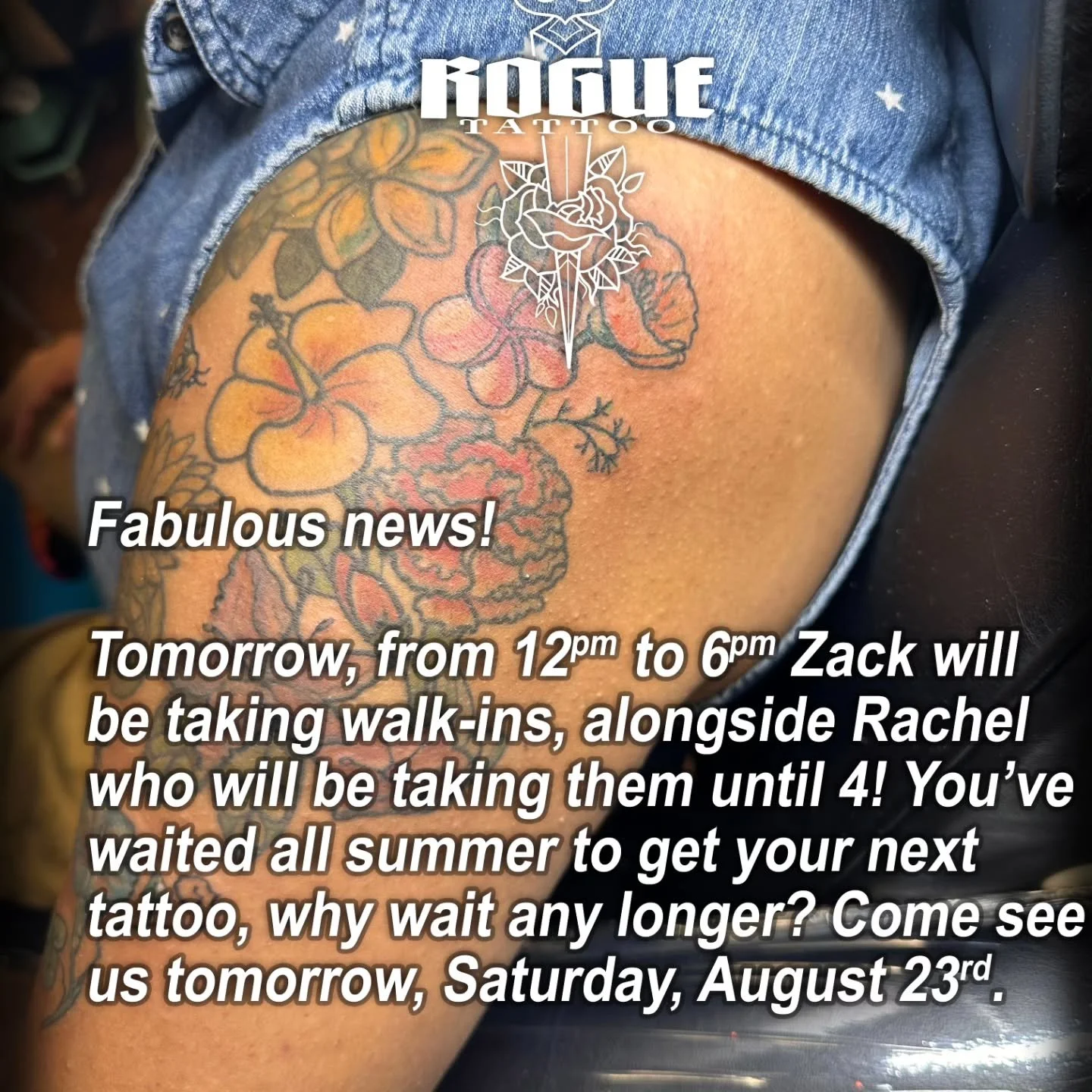 Rachel and Zack are going to be taking walk-ins from 12:00 p.m. tomorrow afternoon. Come see us and leave with a sick new tattoo! 

Rachel 12 - 4

Zack 12 - 6
.
.
https://shop.roguepgh.com/
.
.
contact@roguepgh.com
.
.
Follow @rogue_tattoopgh
.
.
.
.