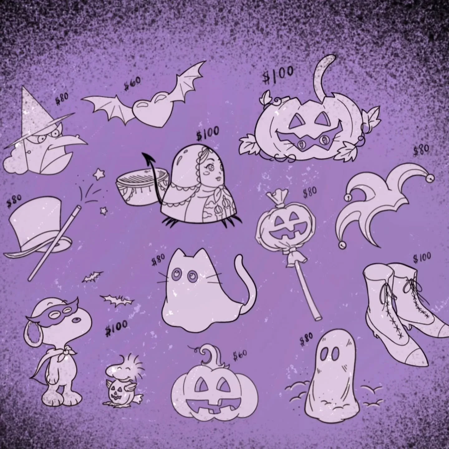 Halloween flash for this Friday the 31st from 12 until 7pm!
👻🎃👻🎃👻🎃👻🎃👻
Linework is priced individually, add $50 if you'd like shading! (I'm happy to do black and grey or color!) Sticking to between 2-3 inches apiece.

I went in a different di
