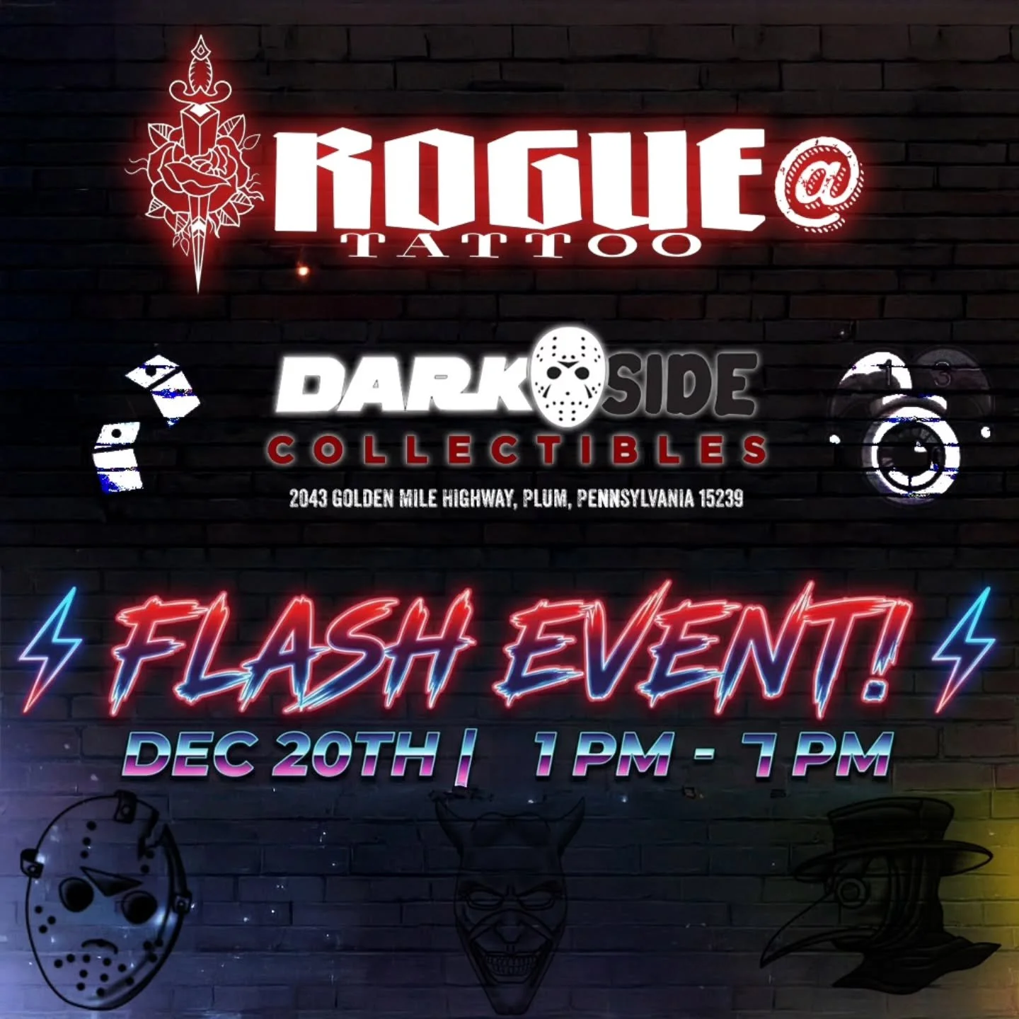 🖤🎄👻 Flash Event Alert! 👻🎄🖤

Rogue Tattoo will be at Darkside Collectibles in Plum on December 20th from 1pm to 7pm for an all-day flash event! Come get tattooed, hang out with us, and support independent businesses this holiday season. 💀✨

Dar