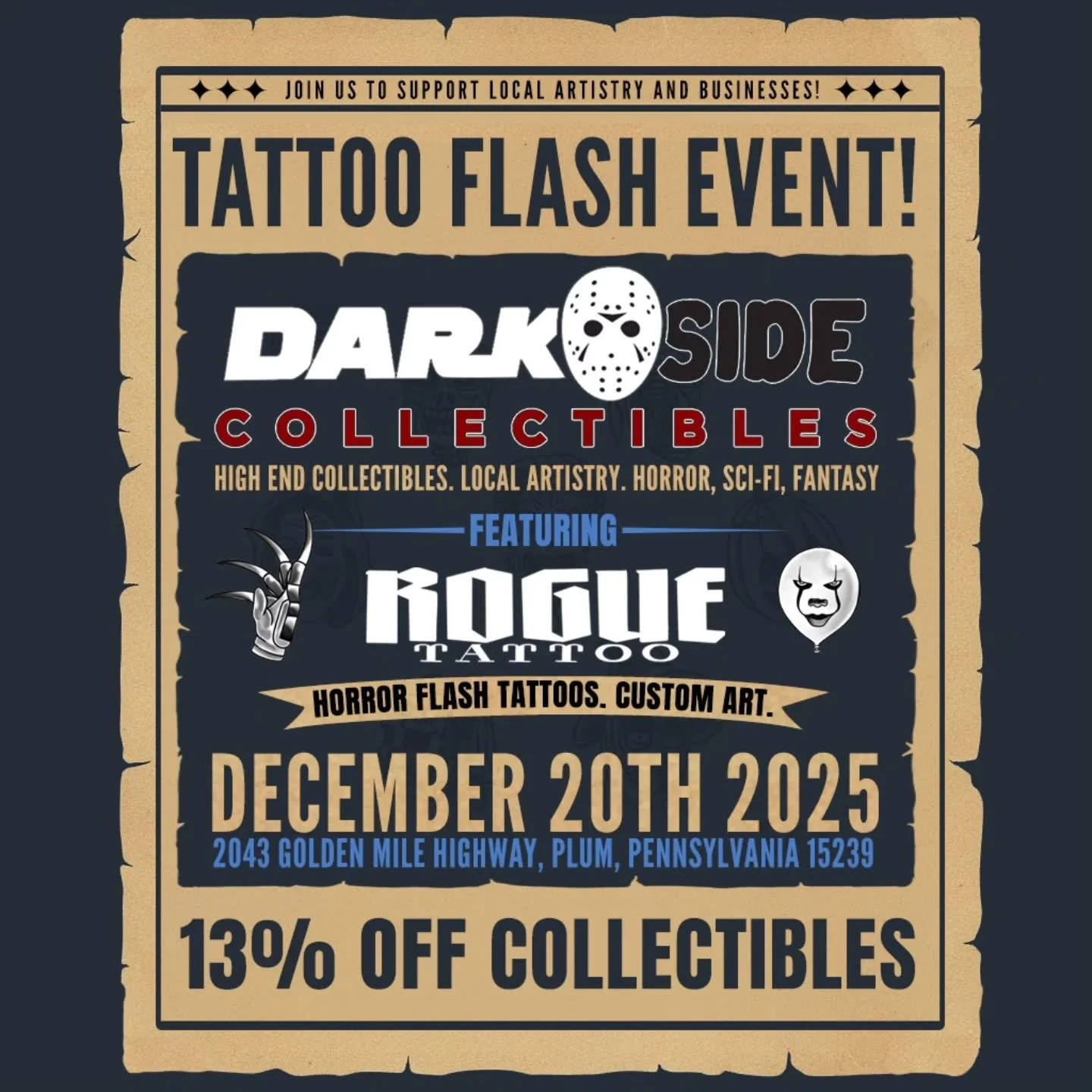 Join us in collaboration with&nbsp;@darkside_collectibles_ for a killer flash tattoo event and collectibles sale! 🤘🔥

Our friends at Darkside are offering&nbsp;13% off storewide&nbsp;on their incredible collection of horror, sci-fi, and fantasy col
