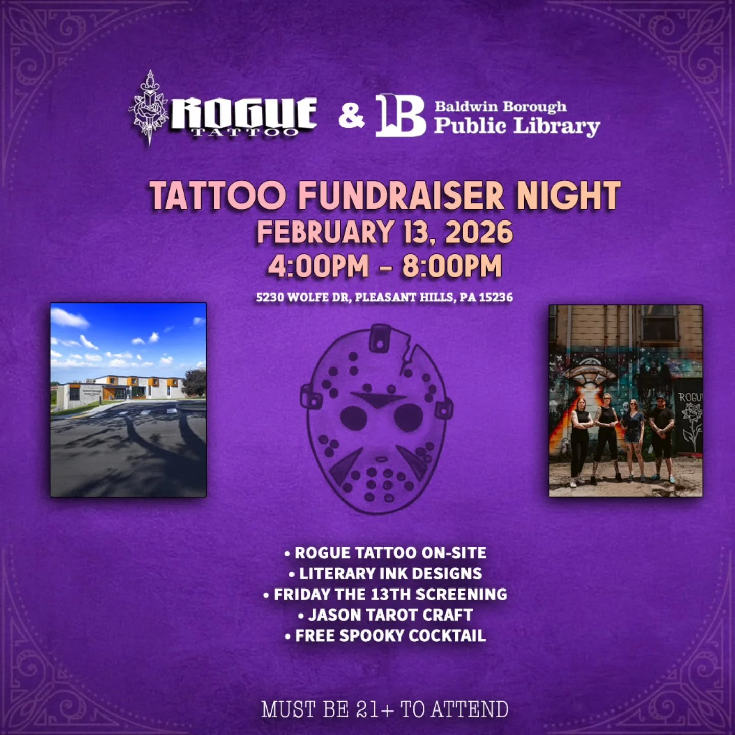 Ink, Drinks, and Camp Crystal Lake! 🔪 The Baldwin Library is teaming up with Rogue Tattoo for a Friday the 13th party like no other. Whether you're here for the permanent tattoos or the slasher vibes, there&rsquo;s something for every bibliophile:

