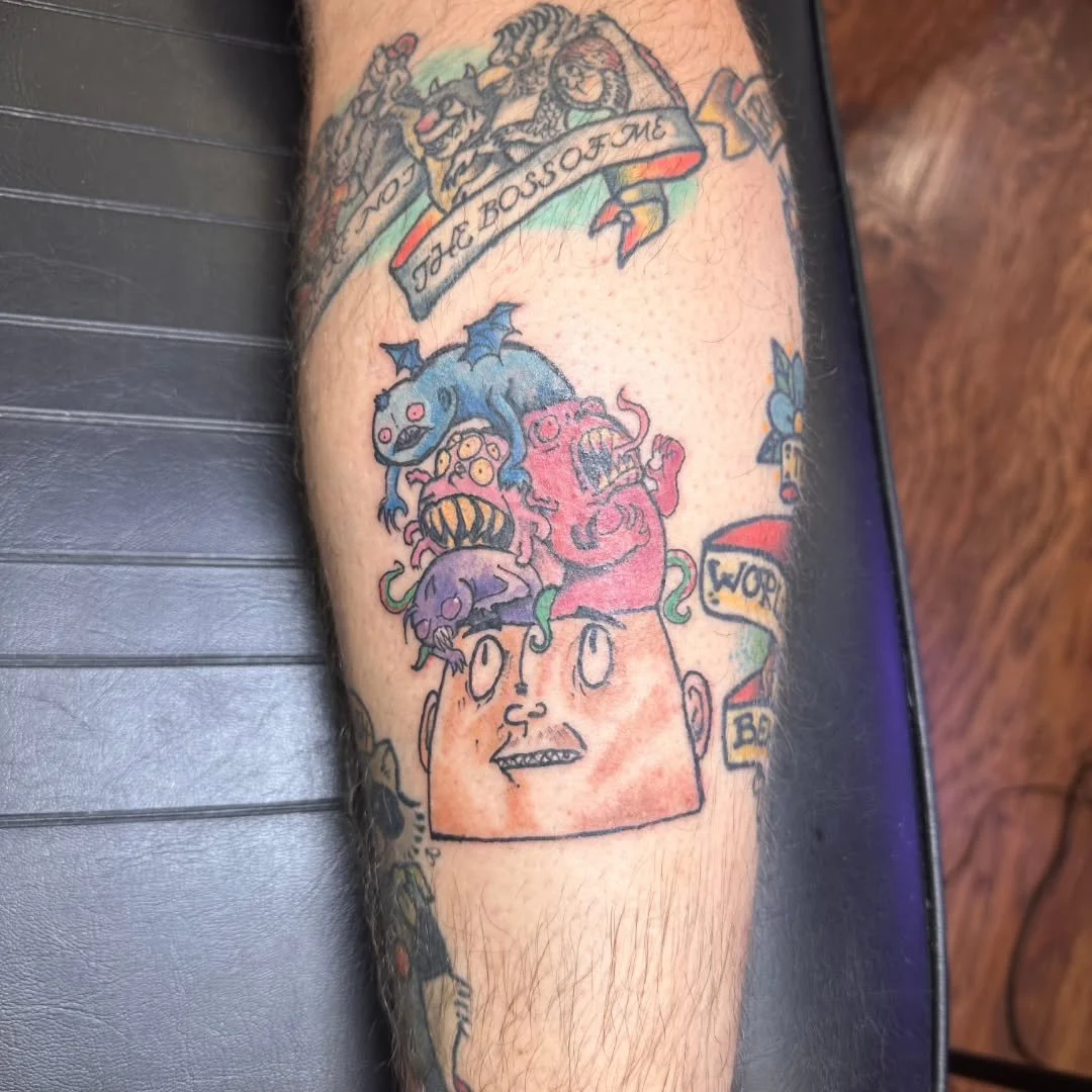 It was a busy day at the shop with Justin, and things got a little wild! 🧠🤘

We had a blast knocking out two very different vibes for him. First up was a unique, slightly "weird" brain design that we&rsquo;re still thinking about, followe