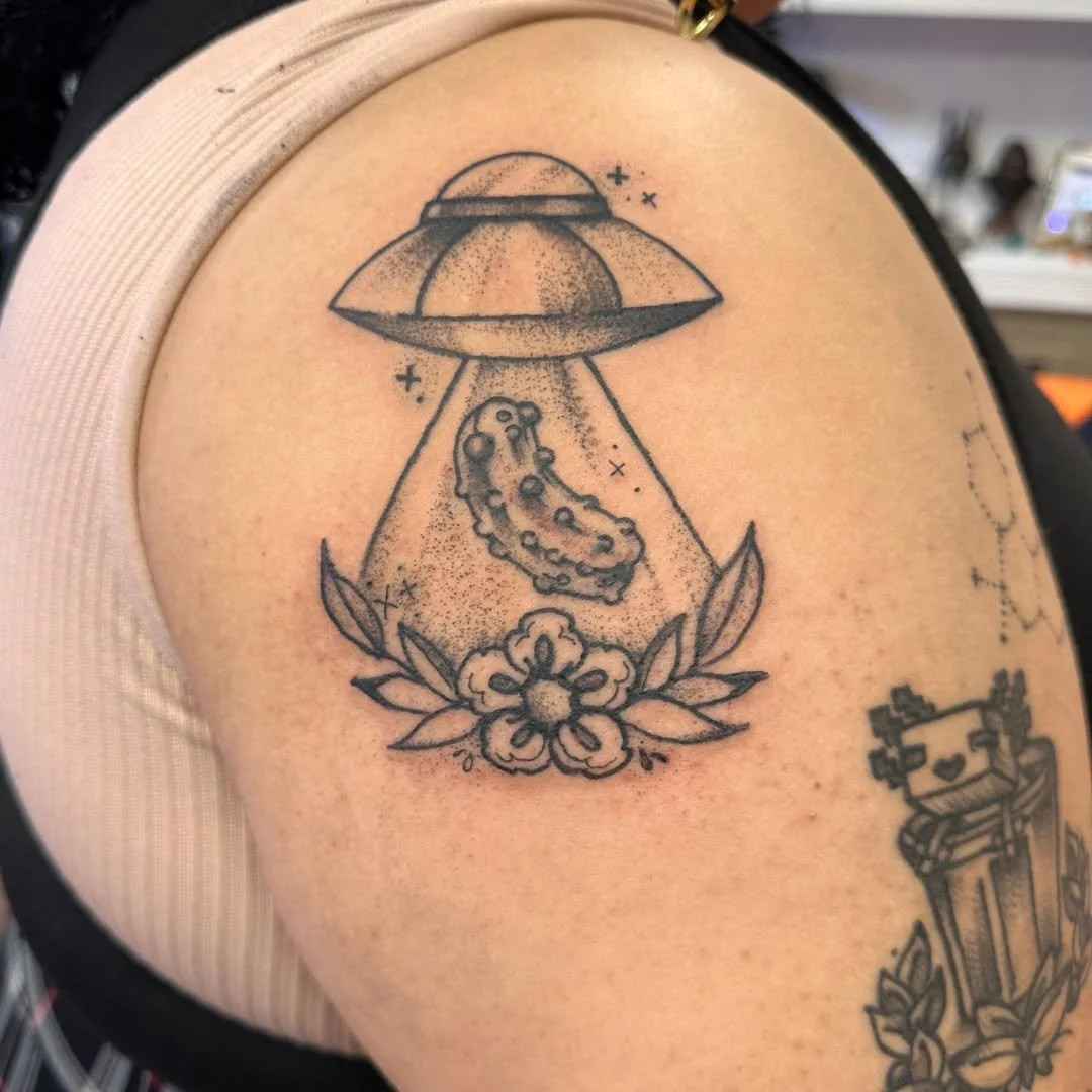 The truth is out there... and it&rsquo;s delicious! 🛸🥒

We had such a fun session with Nina, tattooing this one-of-a-kind "abduction pickle" piece. We love when clients bring in these quirky, creative ideas that really show off their pers