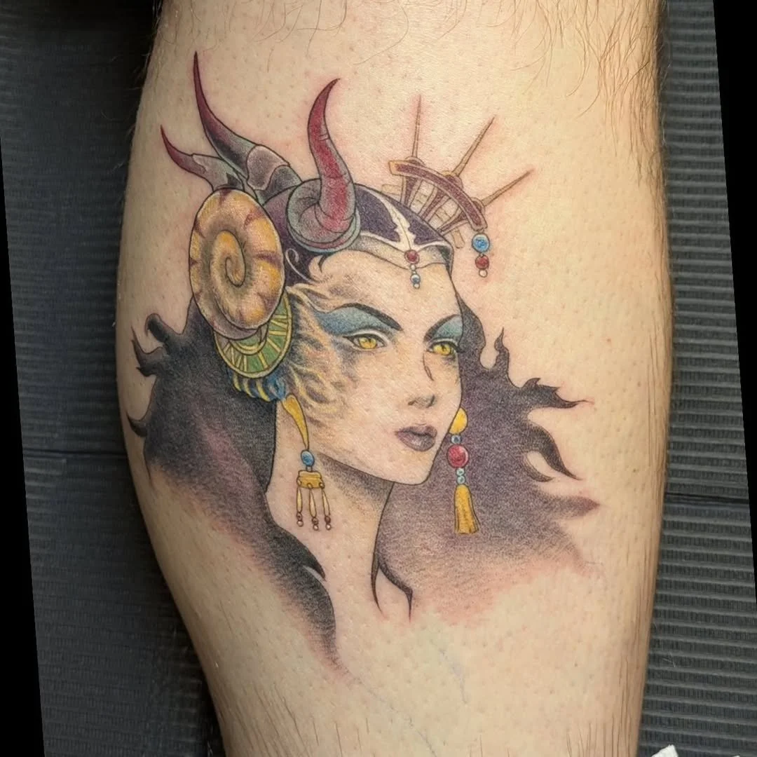 Rachel recently finished this absolutely incredible fine-line Neo-Traditional tattoo of Edea Kramer from Final Fantasy VIII for Damian! This piece captures her perfectly&mdash;from the striking, ornate headpiece with its detailed ram horns and nautil