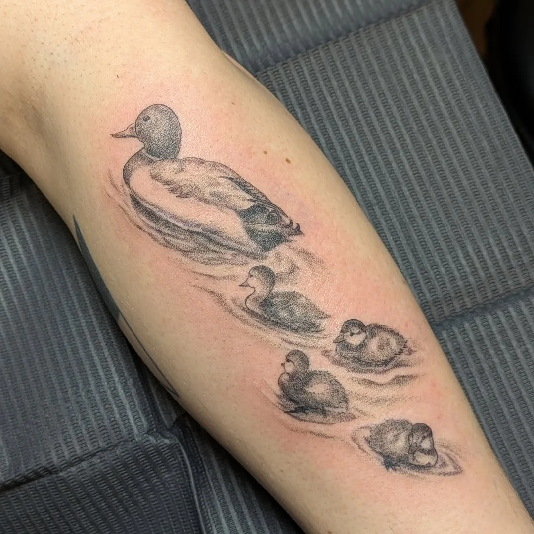 Rachel recently tattooed this incredible family of ducks, featuring a mother leading her four ducklings through the water. The delicate stippling and soft shading perfectly capture the rippling water and the fluffy texture of the little ones.

Whethe