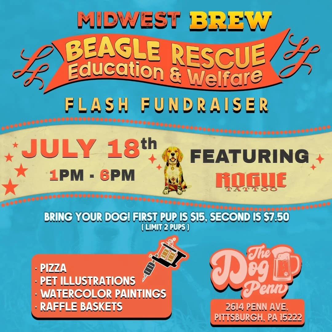 🐶 This Saturday: Pups, Pizza, &amp; Pawsome Tattoos!
The countdown is on! THIS Saturday, July 18th, we are taking over The Dog Penn for an epic Flash Fundraiser to support the amazing crew at Midwest BREW: Beagle Rescue, Education &amp; Welfare!

If