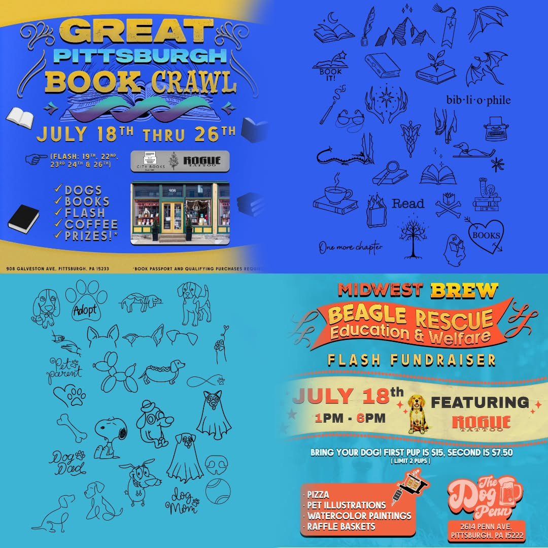 🐶 This Weekend: Tattoos, Pups, &amp; Book Crawls!
The excitement kicks off tomorrow! Here is a quick reminder of where you can find us this weekend:

Saturday, July 18th: Join us at The Dog Penn for an epic Flash Fundraiser benefiting the amazing cr