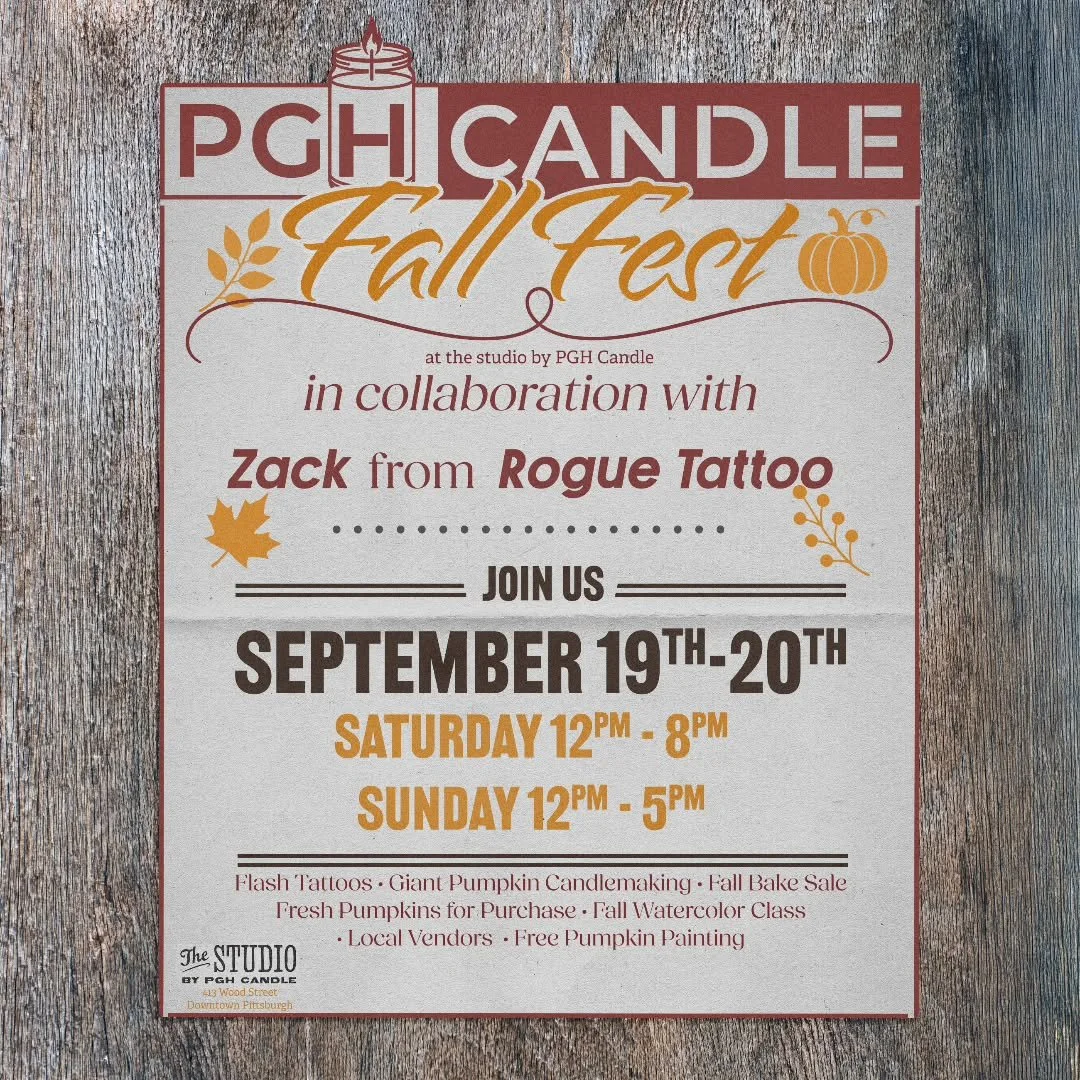 We are psyched to announce that Zack will be repping Rogue at the PGH Candle Fall Fest! We're teaming up with the crew at @thestudio_pghcandle for two full days of autumn fun, local vendors, and killer flash tattoos. 🍂✨

Event Details: 📅 Dates: Sep