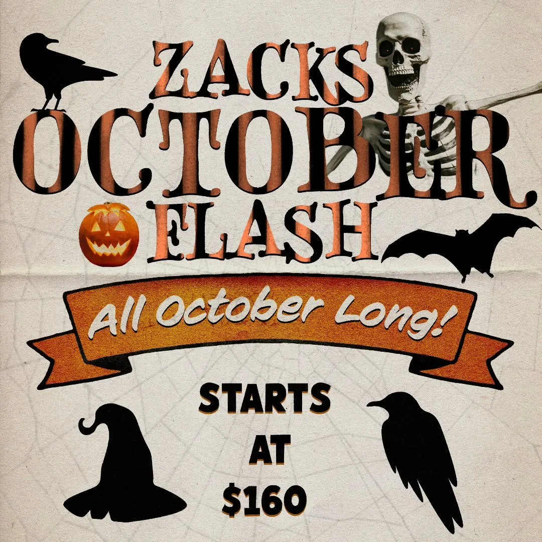 Zack is going to be offering flash all throughout the month of October! Every weekend, Friday through Sunday, Zack will be zapping out some incredible spooky ink. These designs arrive on your skin fully colored in, with prices starting at $160! 🎃🖤⚡