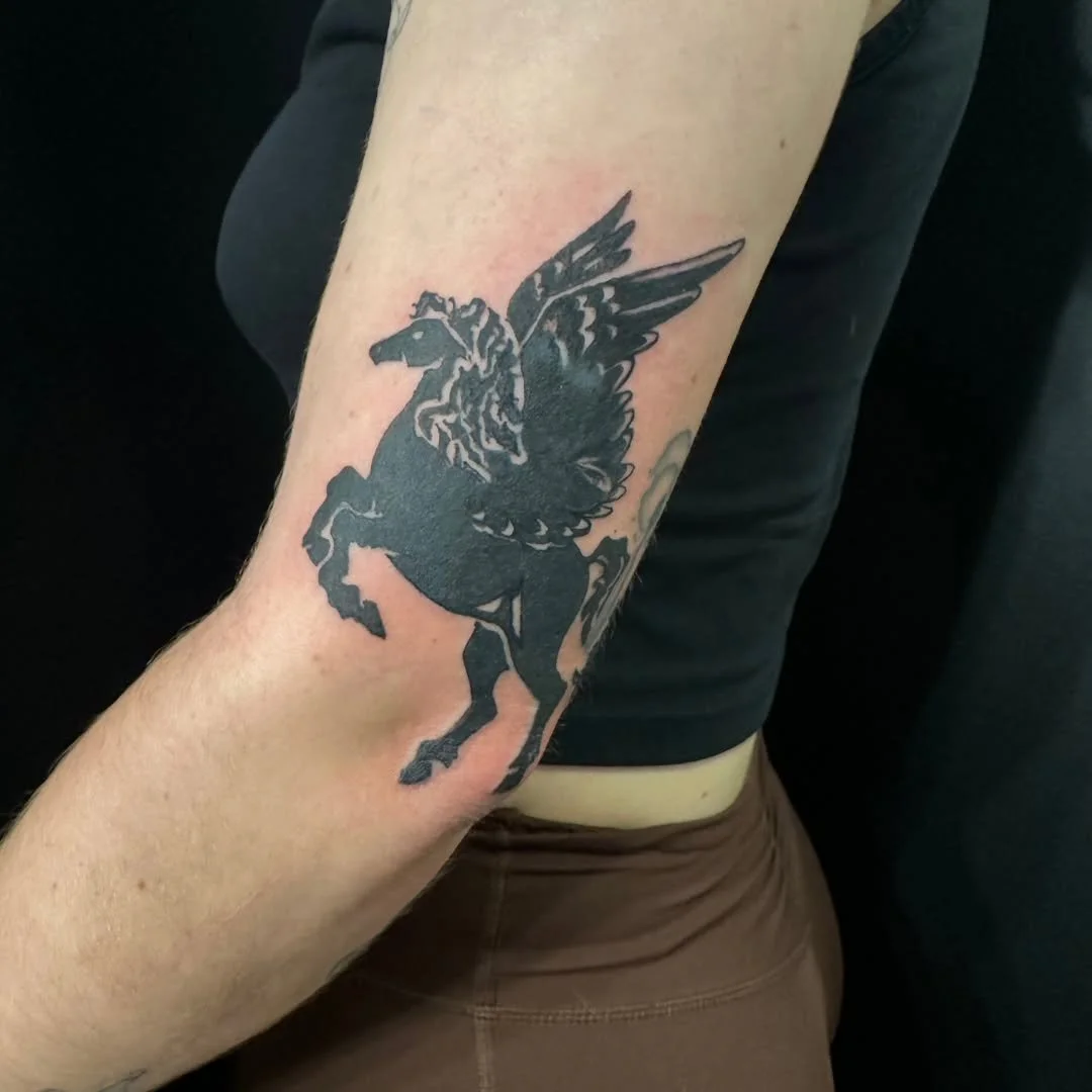 We're on a roll here, moving from fondly remembered horses to a lovely deep black Pegasus cover-up for Sara! 🪽🖤✨Kelly zapped out this regal darling, and it came out looking crisp and super clean. A perfectly executed punch-up on an older tattoo, no