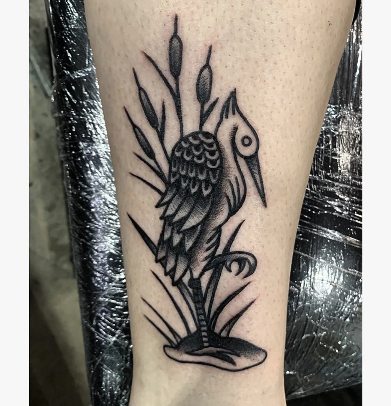 Blackwork Heron in the cattails
