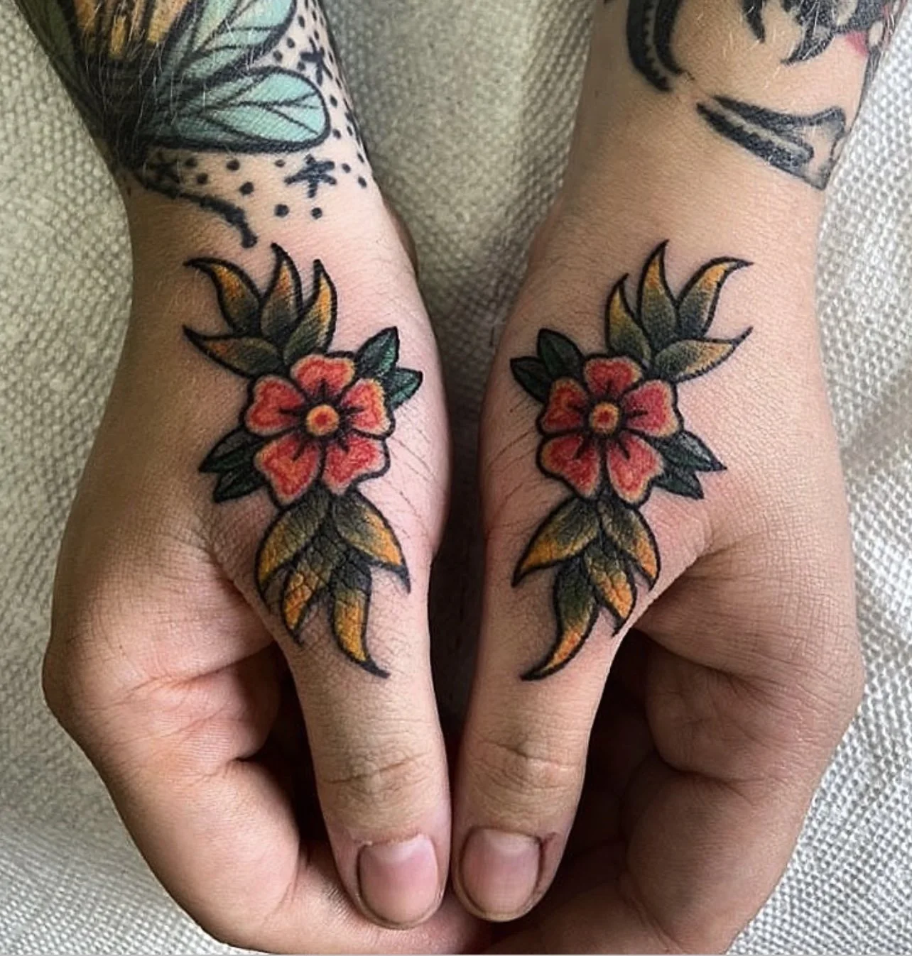 Pair of red & gold flowers