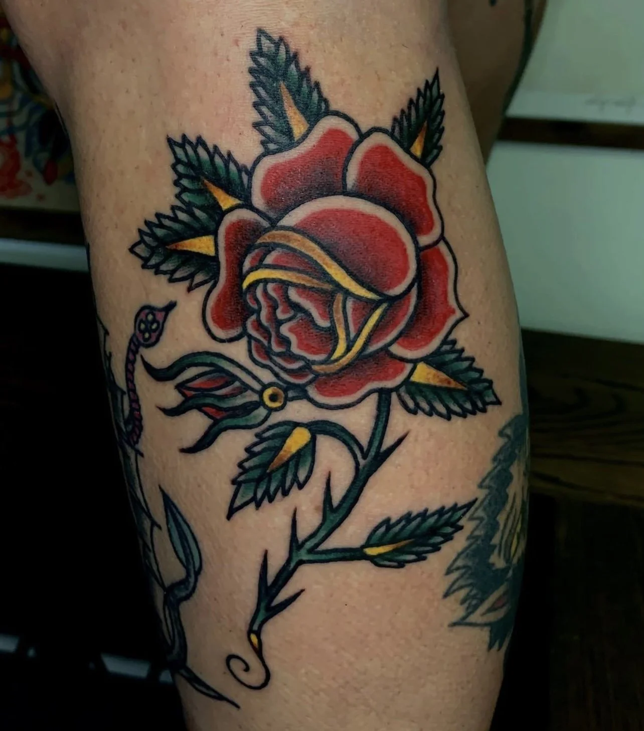 American traditional rose tattoo with vibrant coloring on a calf. 