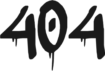 Black graffiti-style '404' error message.