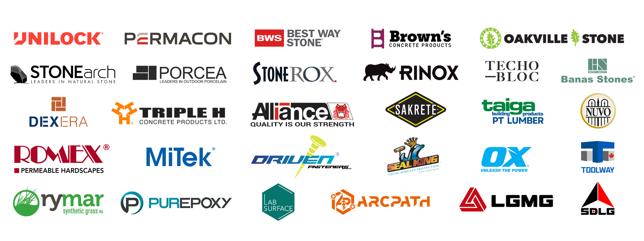 A collection of logos from various construction and building product brands, including Unilock, Permacon, Best Way Stone, Brown's Concrete Products, Oakville Stone, Stone Arch, Porcea, Stone Rux, Rinox, Tekh Block, Banas Stones, Taiga, Nuvo, Dexiera, Triple H, Alliance, Sakrete, Seal King, Ox, Toolway, Rymar, Pure Epoxy, Lab Surface, ArcPath, LGMC, and SDLC.