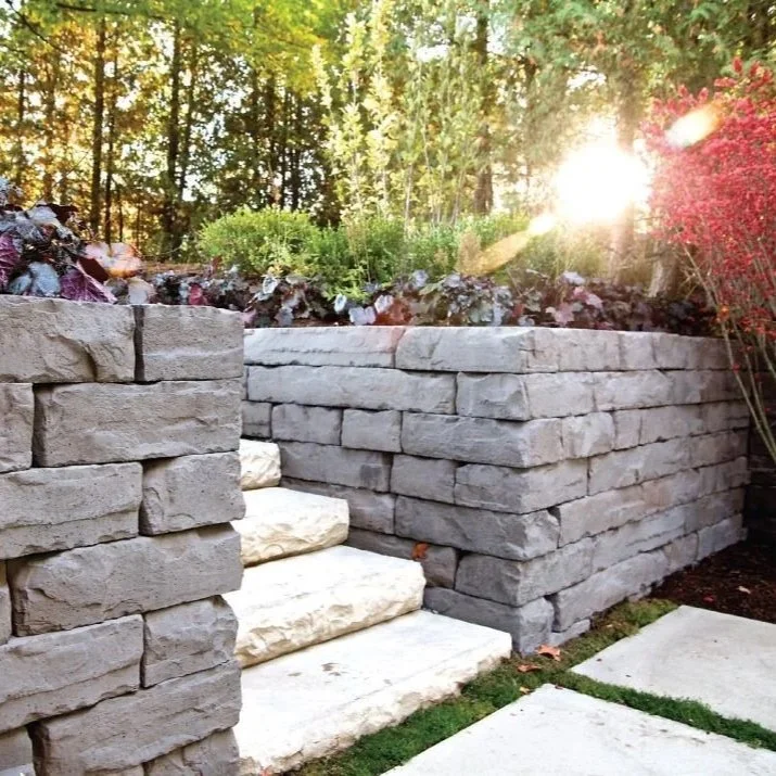 Stone steps leading up to a garden with a retaining wall, surrounded by trees and plants during sunset.