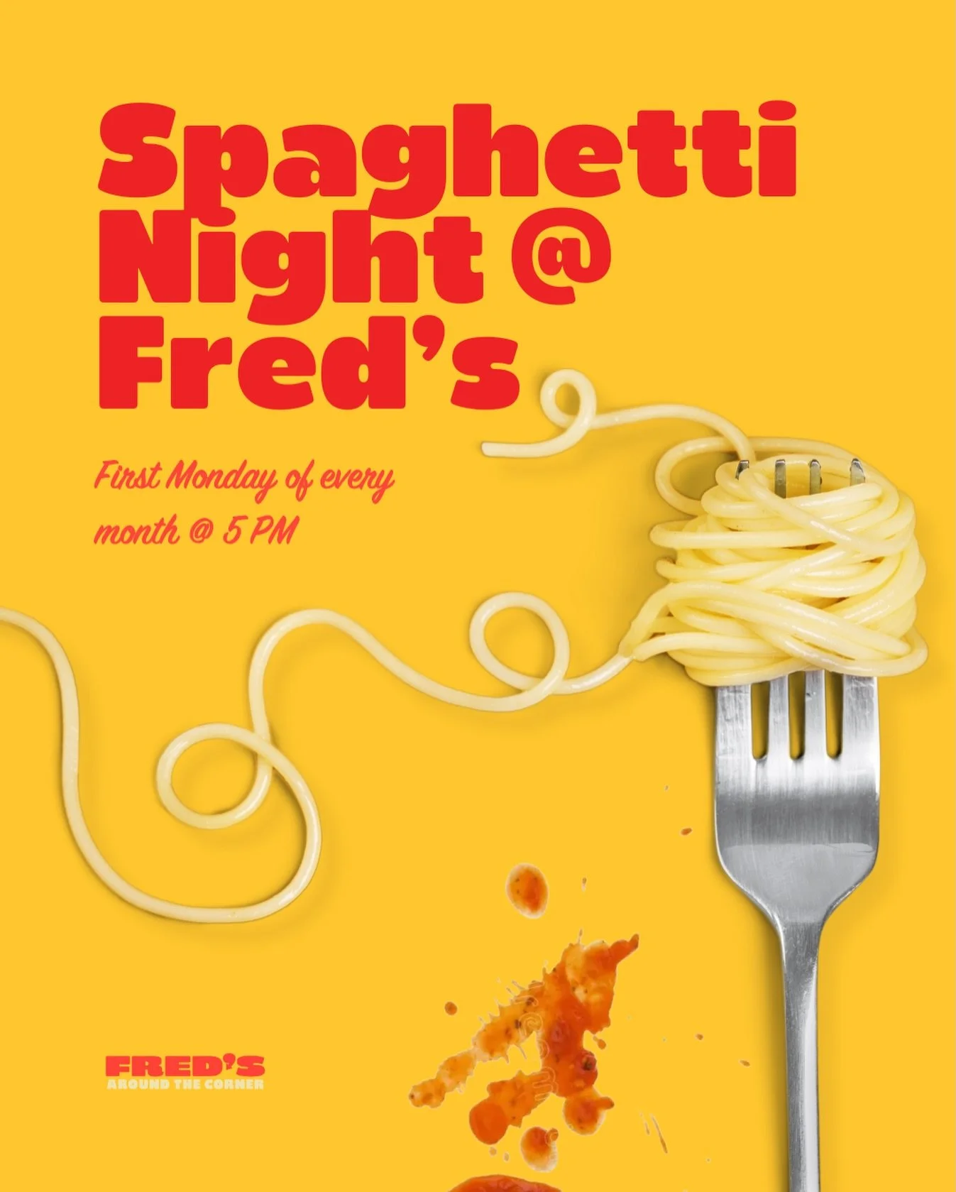 Growing up, spaghetti night was one of Zack&rsquo;s favorites. It was simple, classic, and homey. He still thinks back on those family meals and misses them, so we decided to bring them back here at Fred&rsquo;s! 🍝

Join us on the first Monday of ev