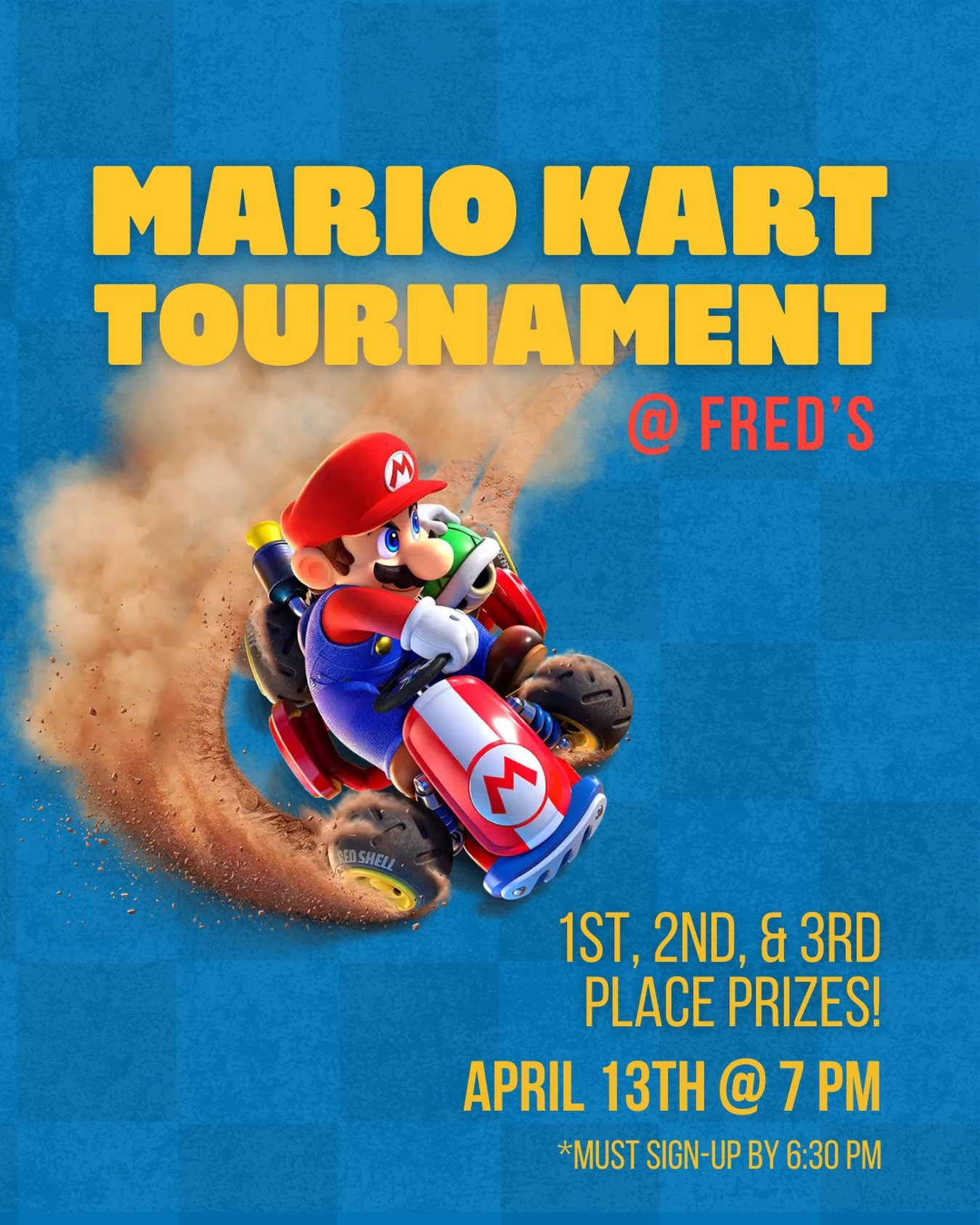 WE HOPE YOU&rsquo;VE BEEN PRACTICING 🏁😉
👇👇👇👇👇👇👇👇👇👇👇👇👇👇👇👇👇👇👇👇👇
Our monthly Mario Kart Tournament is Monday, April 13th! Must sign-up by 6:30 PM to play, and the first round kicks off at 7 PM. All ages welcome!
There will be 1st,