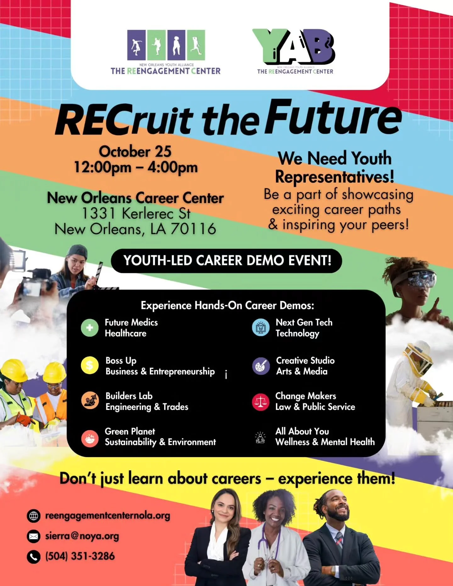 🚨JOIN US THIS SATURDAY 10/25🚨 
The Reengagement Center is hosting the RECruit the Future Career Expo on Sat, Oct 25 (12–4 PM) at the New Orleans Career Center. 
The Career Expo is going to give the youth the opportunity to interact with sev