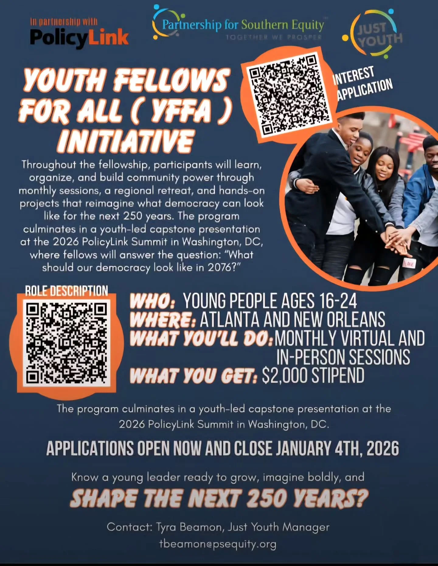 🚨Deadline Approaching🚨: Apply Now - Youth Fellows for All (YFFA) Fellowship - Application Due January 4, 2024

Attention to all Youth ages 16-24 in Atlanta, GA and New Orleans, LA - applications are open for the Youth Fellows for All (YFFA) Fellows