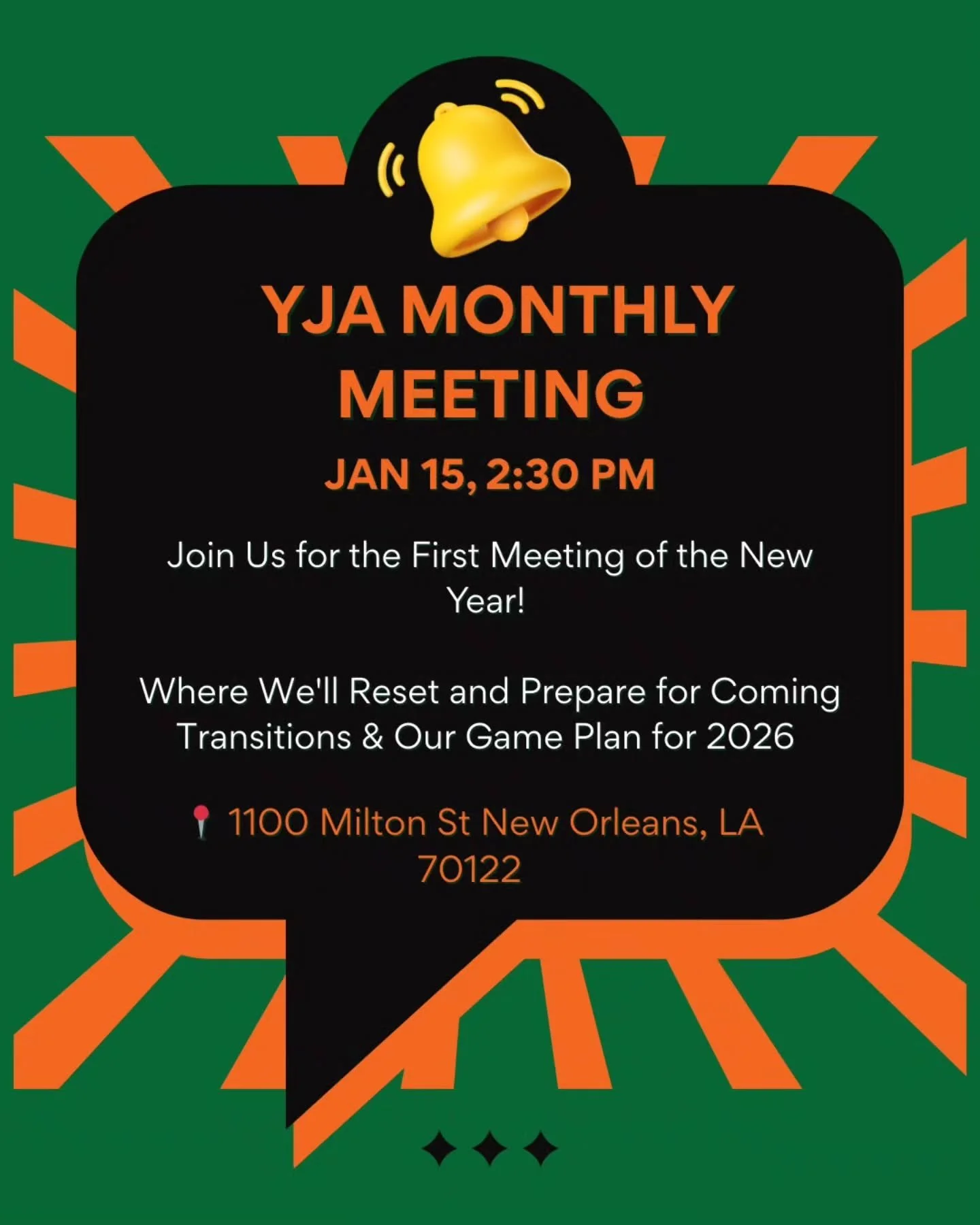 THIS THURSDAY!!‼️Join Us for the First YJA Meeting of the New Year!! ✨️ 

We need your valuable insight and passion for youth justice to focus on the agenda for the new year that includes: 

🌟 Re-setting in the new year with YJA values, vision, &amp