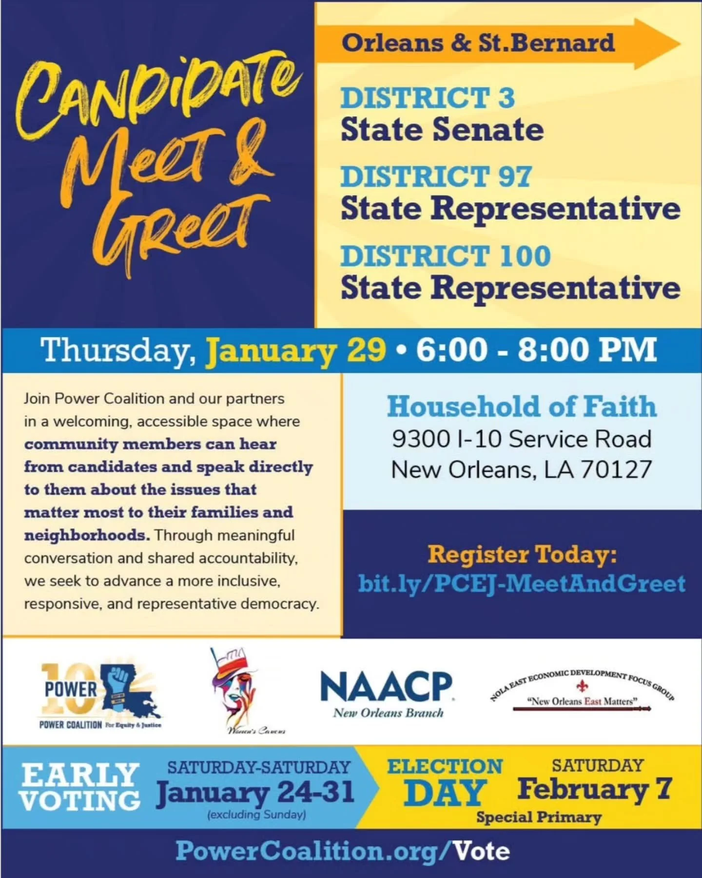 ✨️JOIN US THIS THURSDAY!!✨️

The Power Coalition for Equity and Justice, alongside their community partners, is hosting a Candidate Meet and Greet for the 97th State House Representative District, 100th State House Representative District, and 3rd St