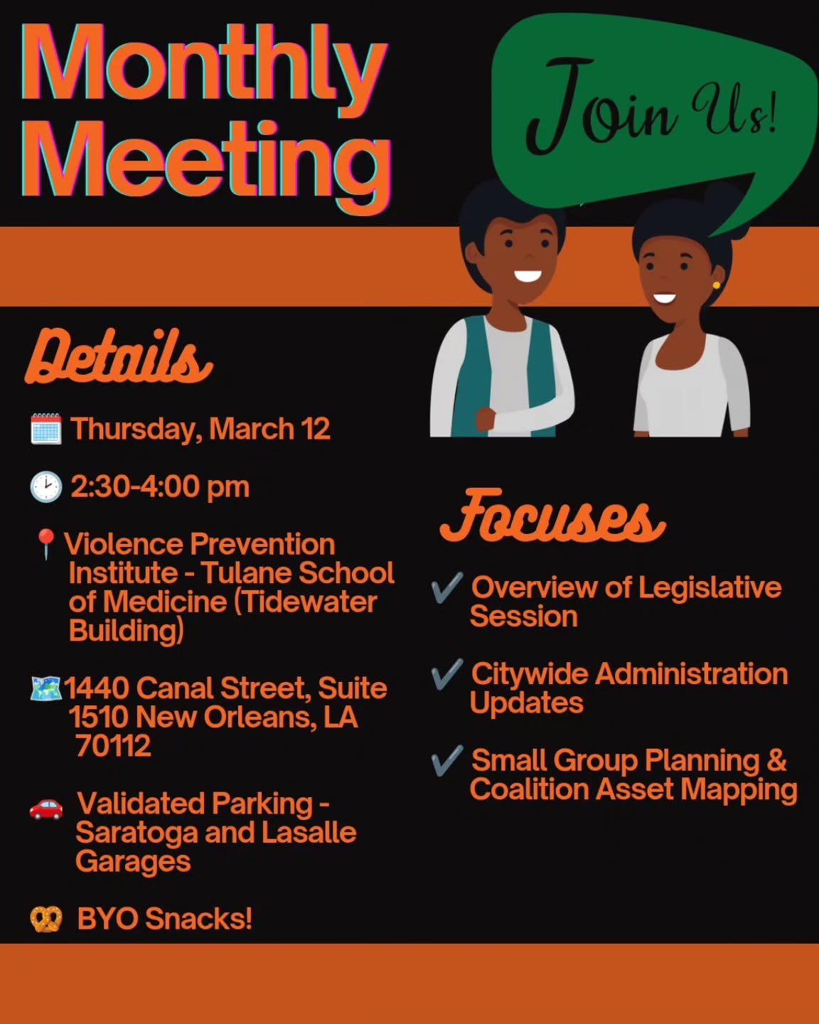 Hello friends of YJA! 🌞✨️ JOIN US TOMORROW (3/12) FOR OUR MONTHLY MEETING ✨️

We will discuss: 

✅️ Overview of Legislative Session

✅️ Citywide Administration Updates

✅️ Small Group Planning &amp; Coalition Asset Mapping

Details: 

🗓️ Thursday, 