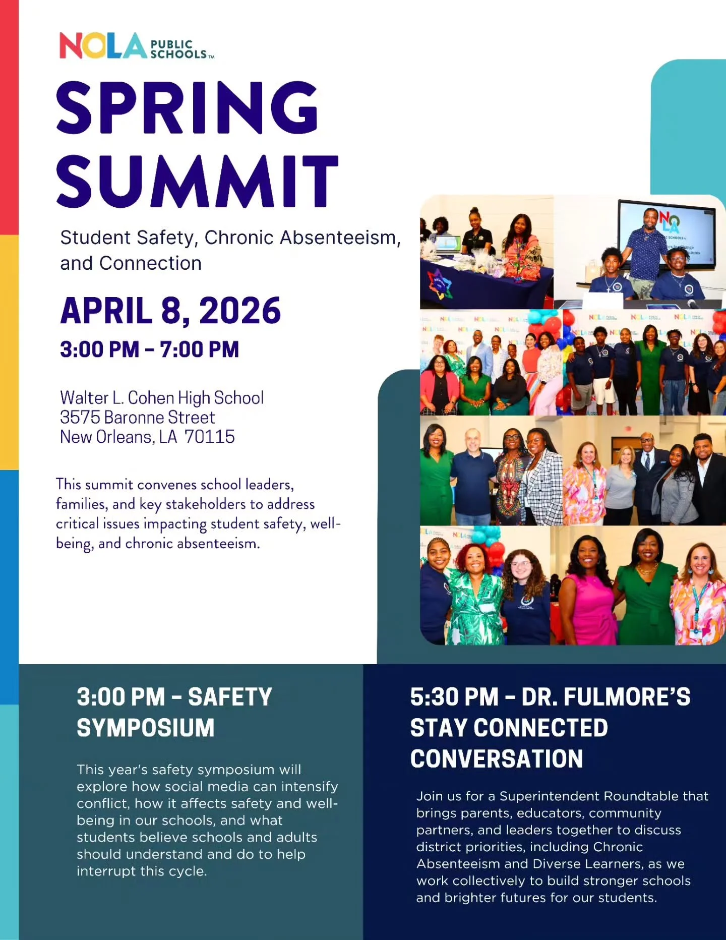 JOIN US THIS AFTERNOON ✨️ We're joining NOLA Public Schools for their Spring Summit concerning Student Safety, Chronic Absenteeism, and Connection where school leaders, families, and key stakeholders will  engage in meaningful conversation and collab