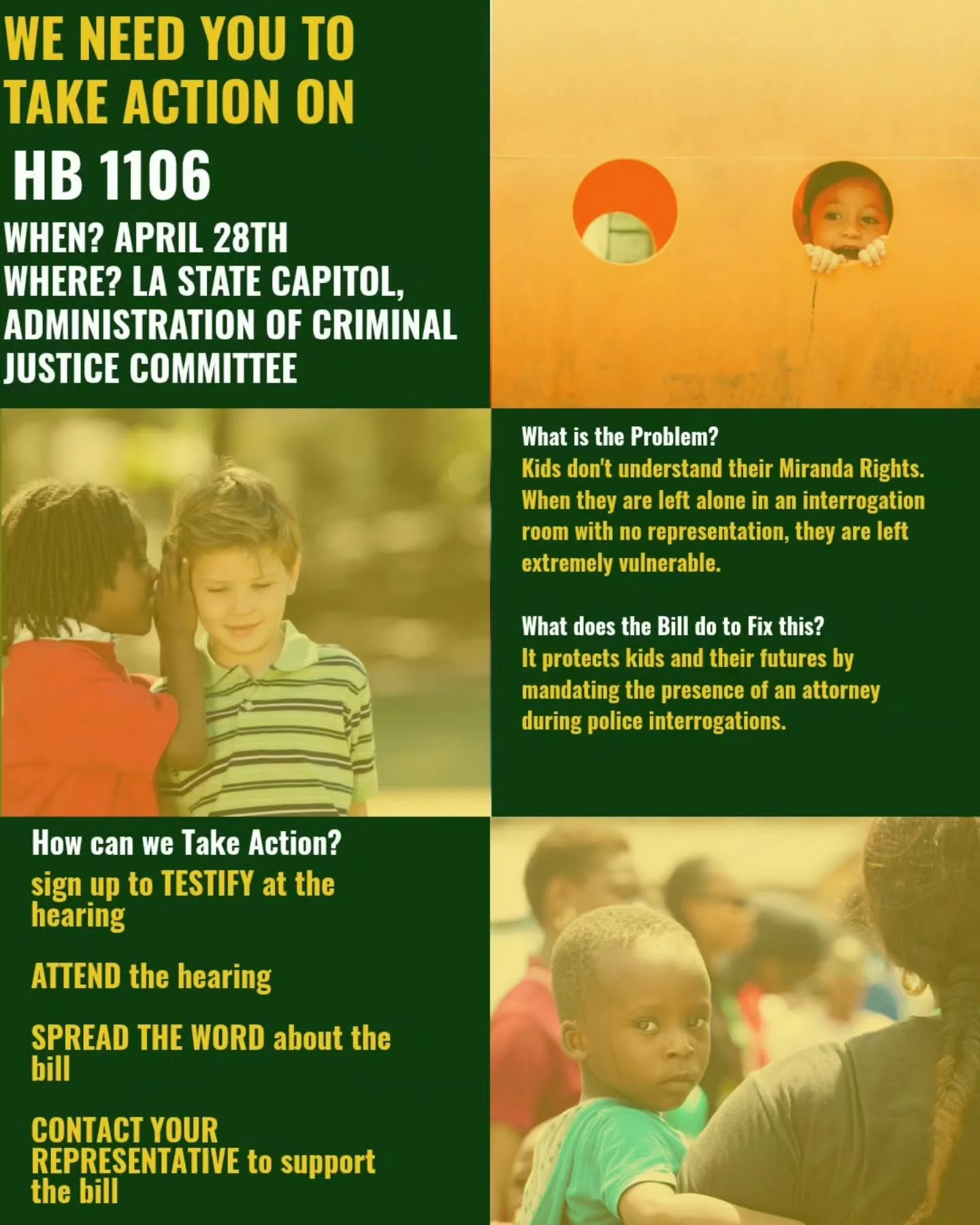 Children are 2-3 x more likely than adults to falsely confess during a police interrogation. Without HB 1106, there is no one protecting them from waiving their rights and putting themselves at a disadvantage legally. 

Please join the Louisiana Cent