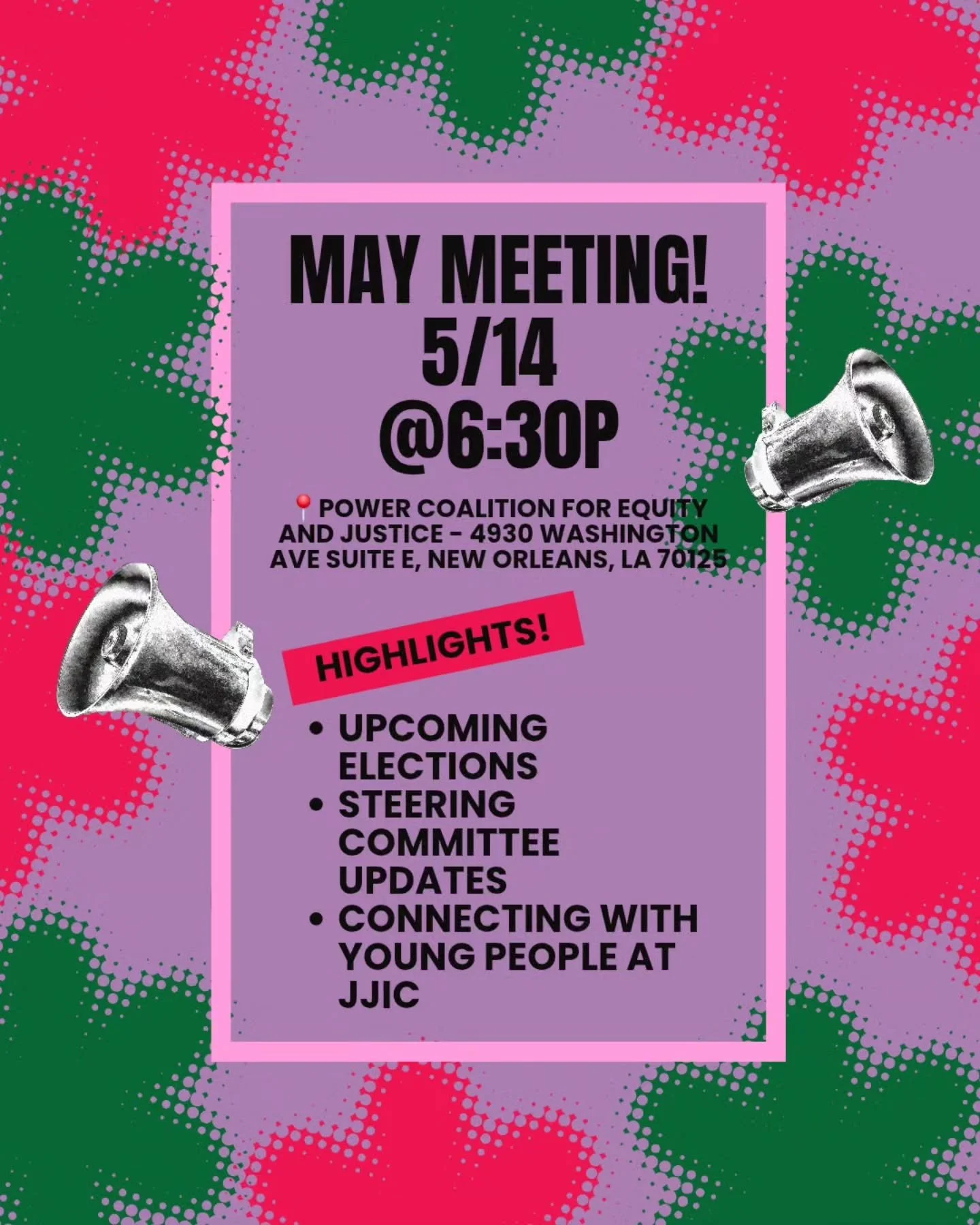 JOIN US THIS EVENING FOR OUR BI-MONTHLY MEETING‼️✨️

We will discuss the upcoming elections, updates on the steering committee, and strategies to connect with young people at JJIC. Come share your voice and enjoy a light meal, generously provided by 