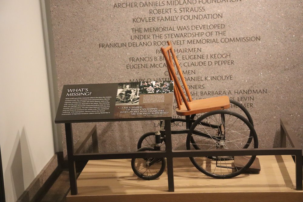 The visitor center was closed but able to get this shot of FDR's wheelchair through the window. Back then he tried to hide that he was handicapped.