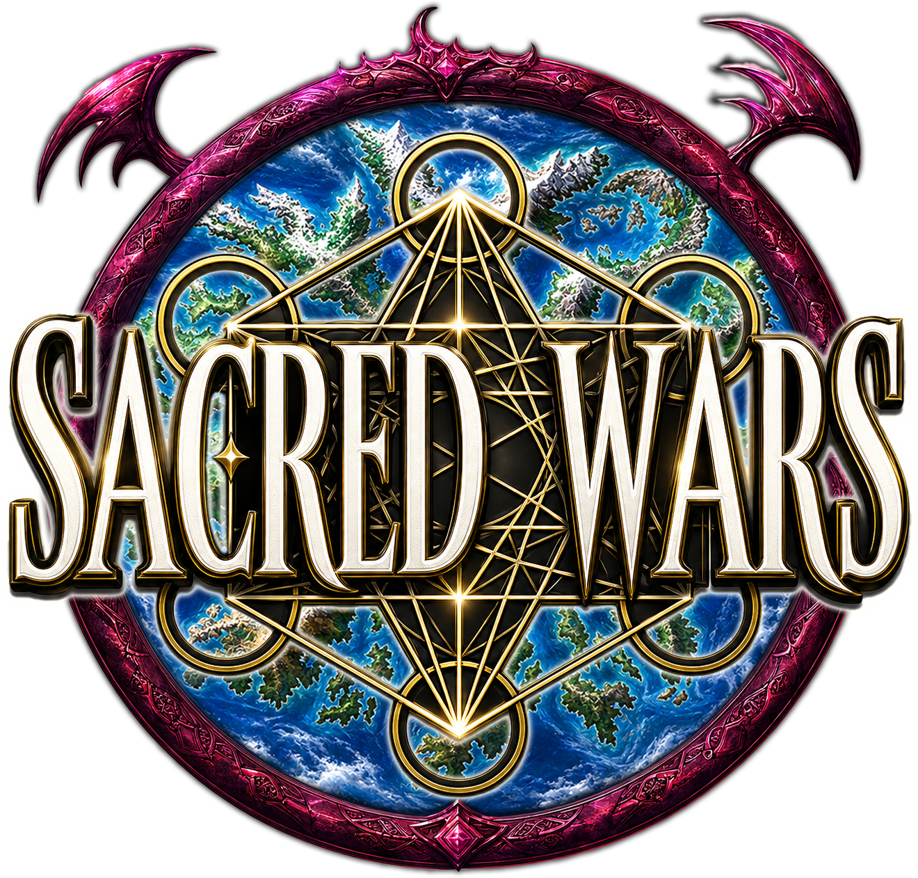 A circular design with the words 'Sacred Wars' in large ornate font. The background features a stylized Earth with patches of land and water, surrounded by a pink and gold border with symbolic patterns and a geometric gold star-like structure overlaying the Earth.