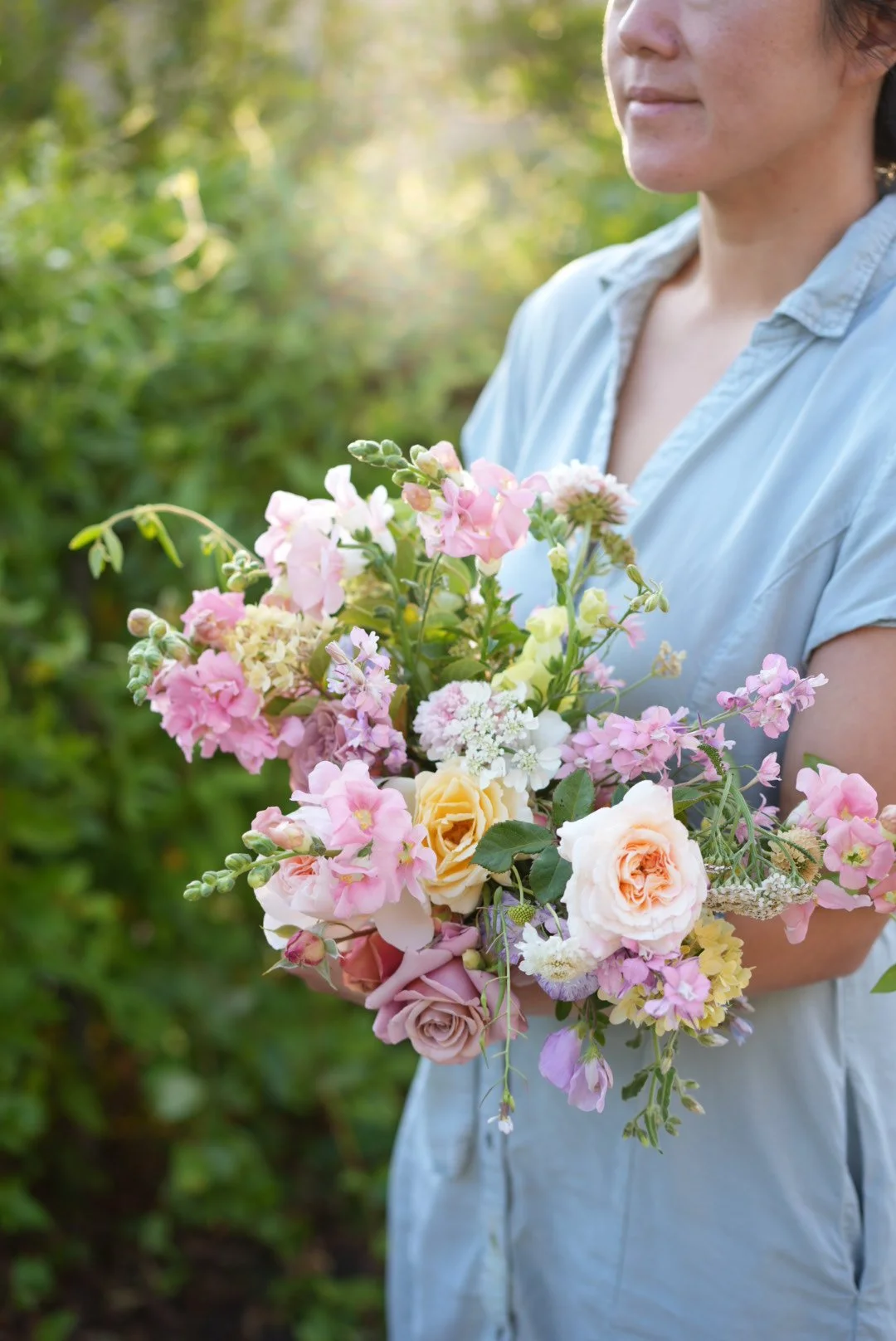 blush pink peach yellow green spring bridal bouquet