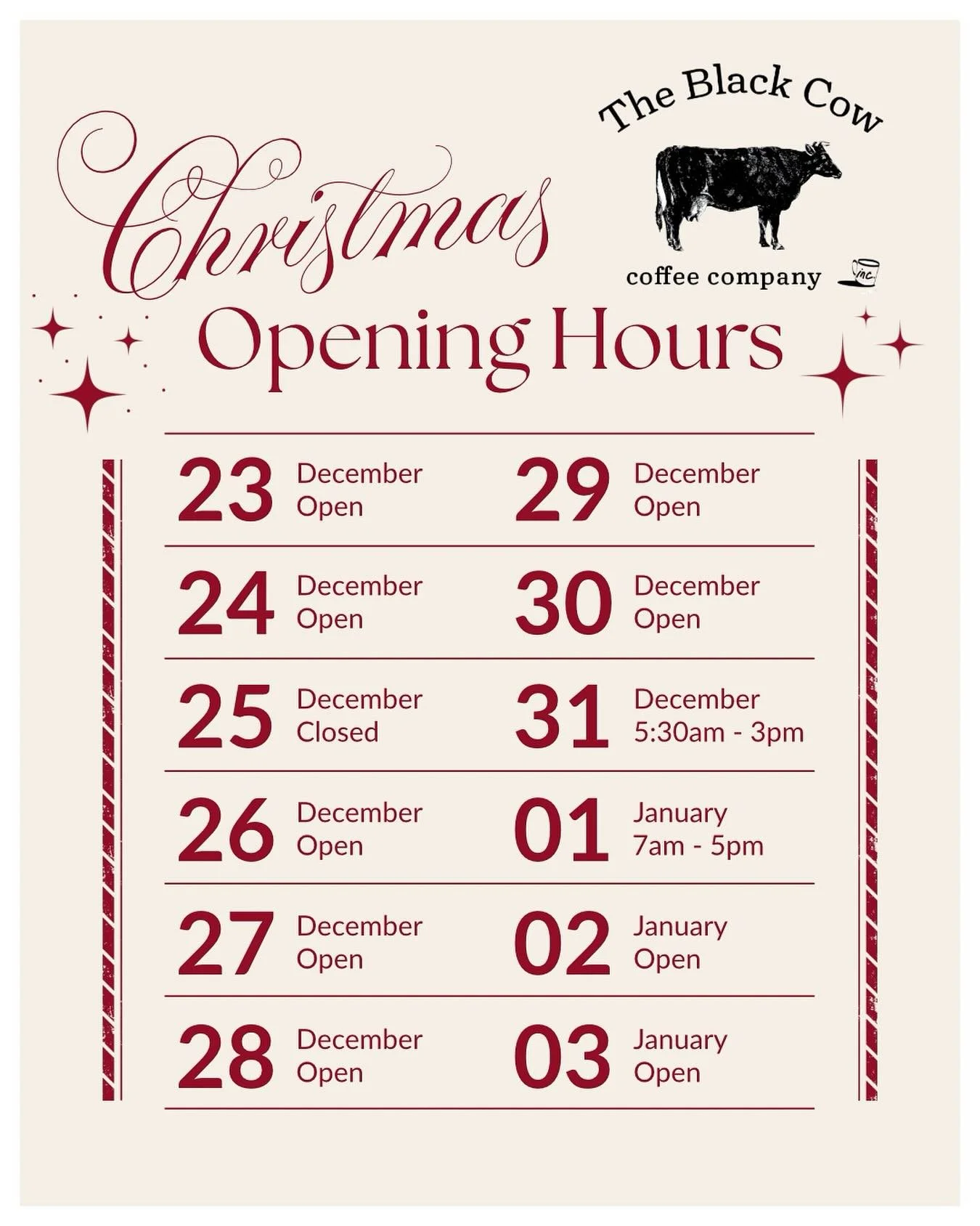 We are open regular hours except for Christmas Day, New Year&rsquo;s Eve and New Year&rsquo;s Day! We hope our community has a warm and hope-filled holiday season!