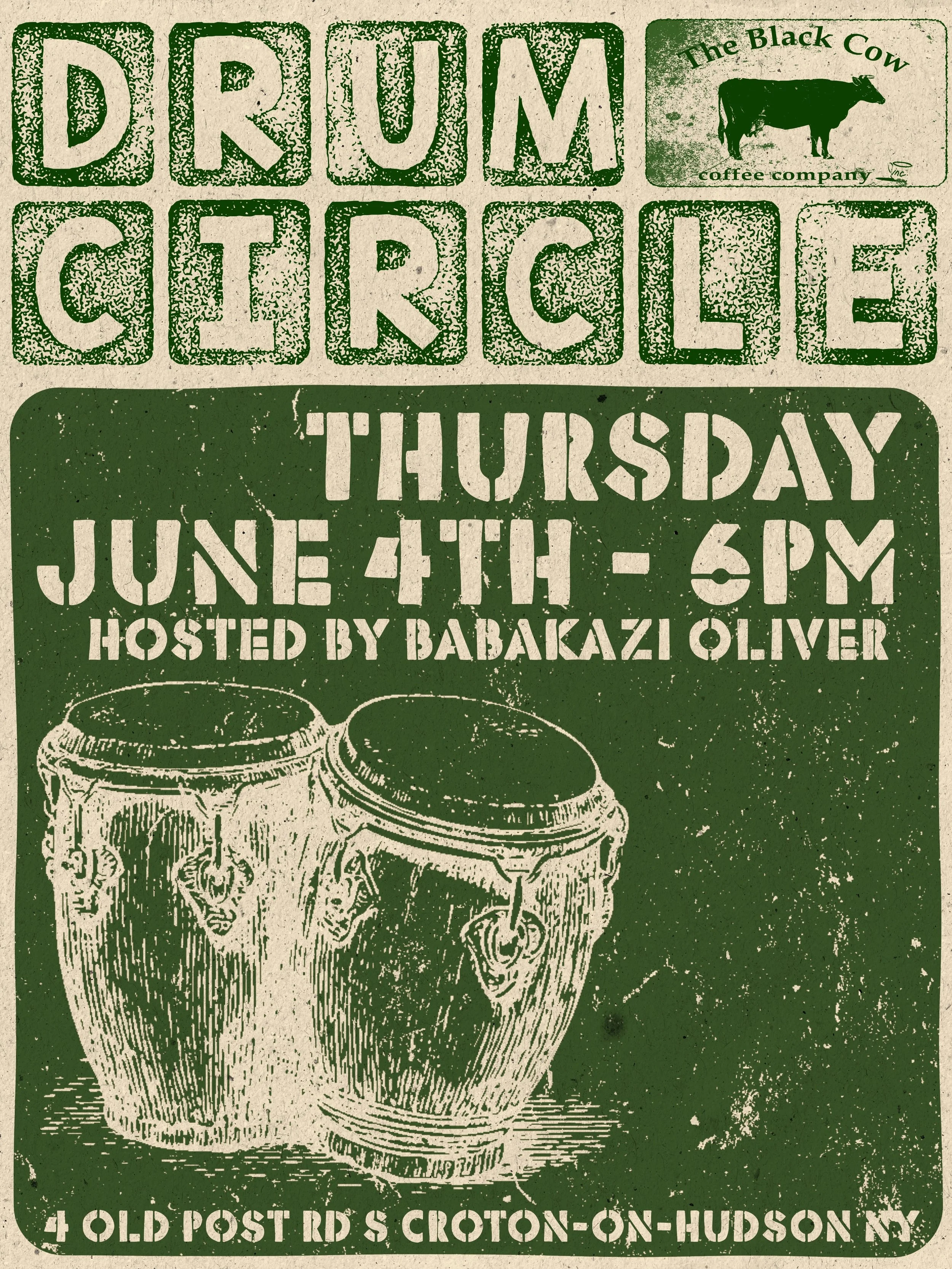 Join us on June 4th at 6:00PM as we host the famed Kazi Oliver who will lead a community drum circle. All are welcome to join. Entry fee is $15 and will include access to a drum for each participant during the event. 

Participants are also welcomed 