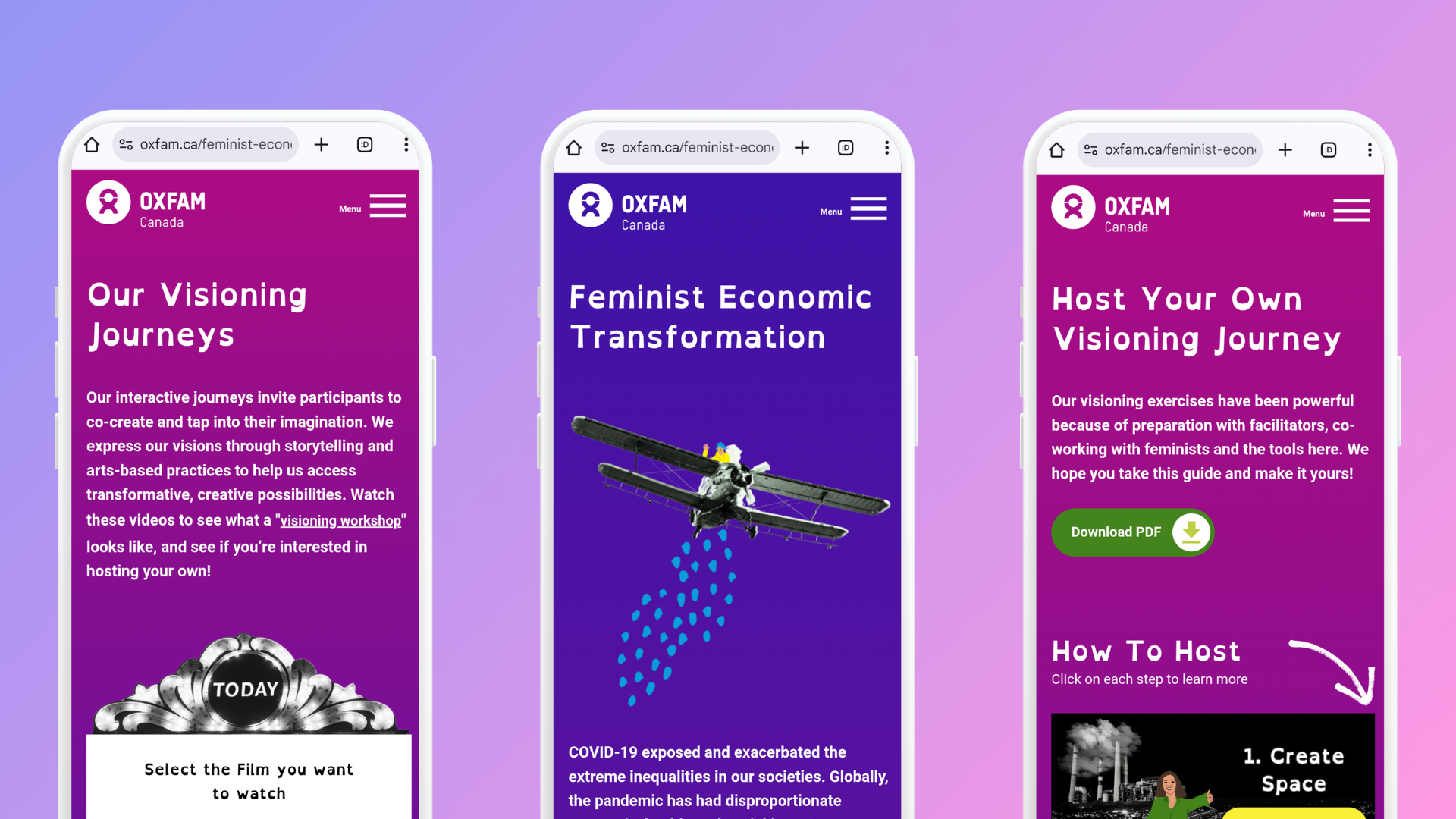 Images of phone screens with pages from the Feminist Economic Transformation project website.