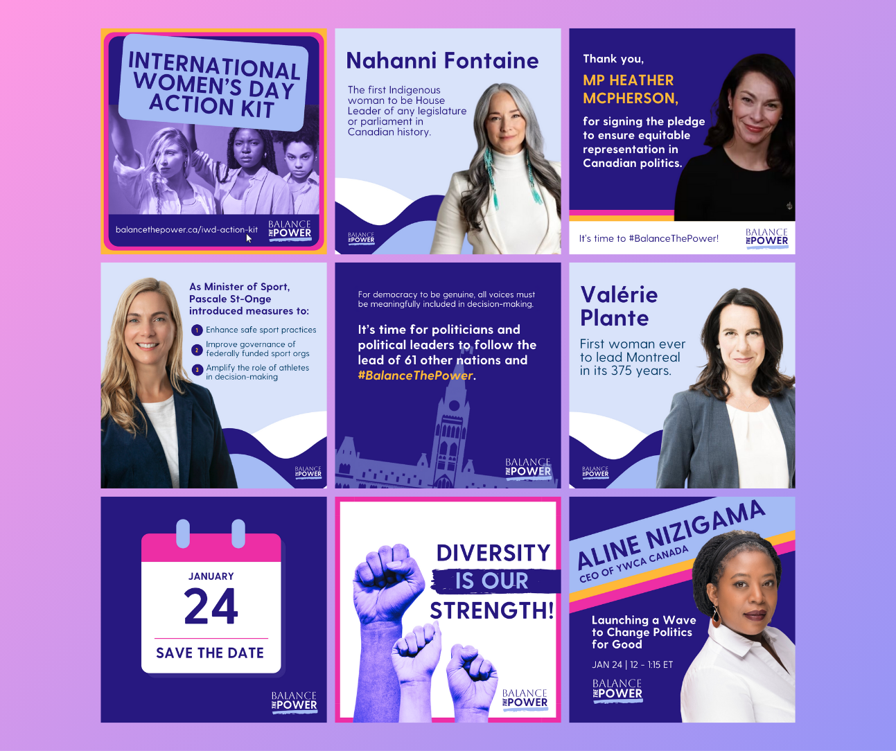 Grid of Instagram posts designed to promote the Balance the Power campaign.