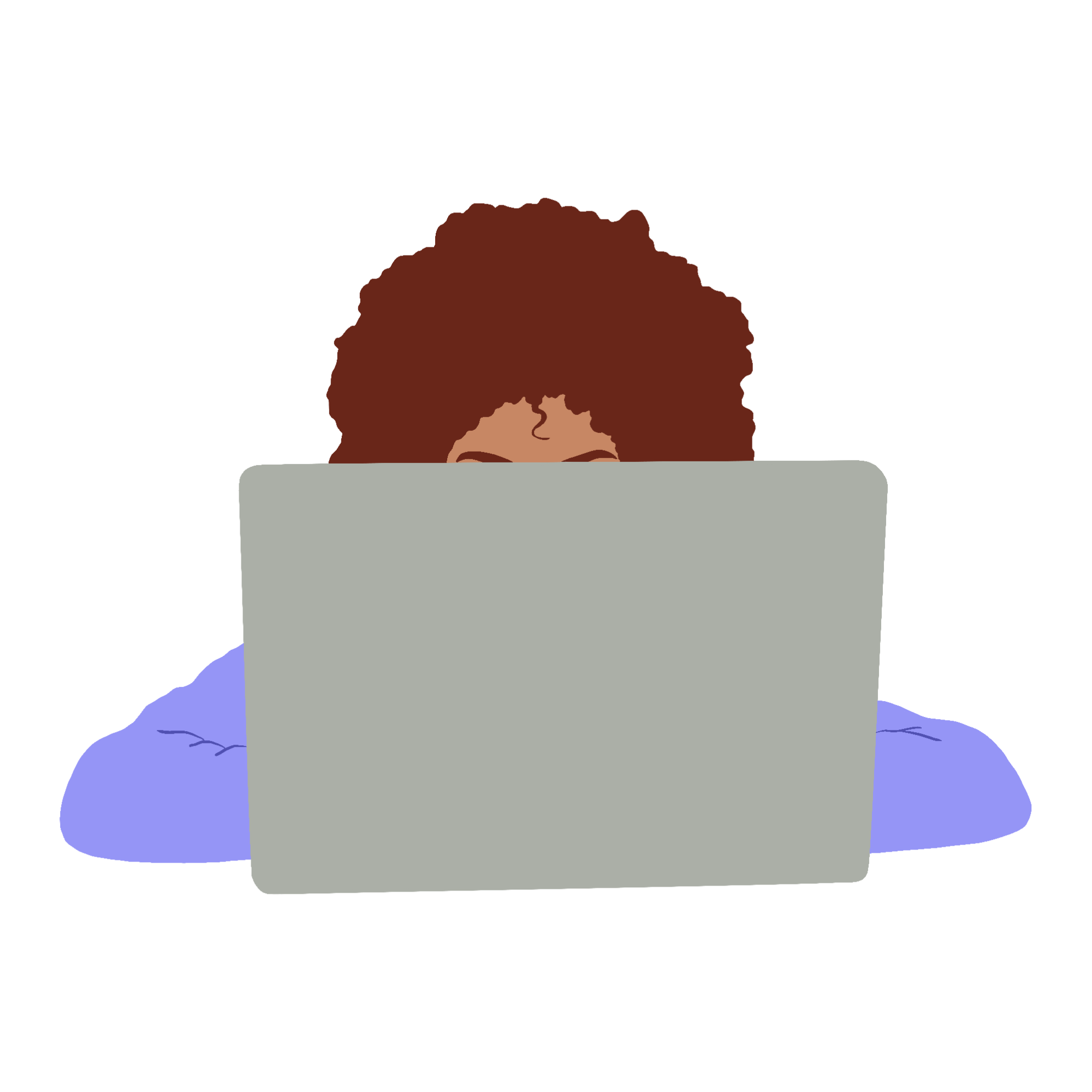 Illustration of a person with their head behind a laptop.