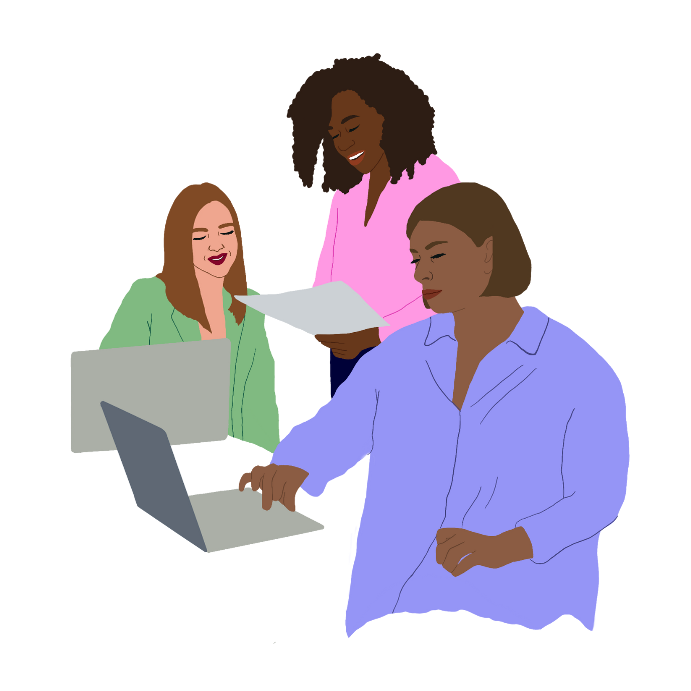Illustration of three women working together.