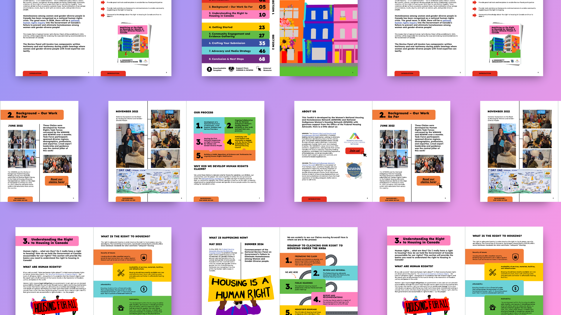 Page layouts from the Mobilizing on the Right to Housing Toolkit.