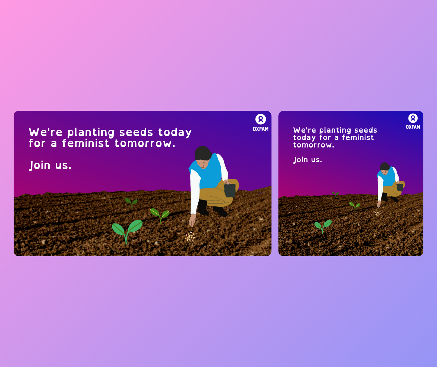 Image of social media graphics promoting the Feminist Economic Transformation Project. Text reads "We're planting seeds today for a feminist tomorrow. Join us."