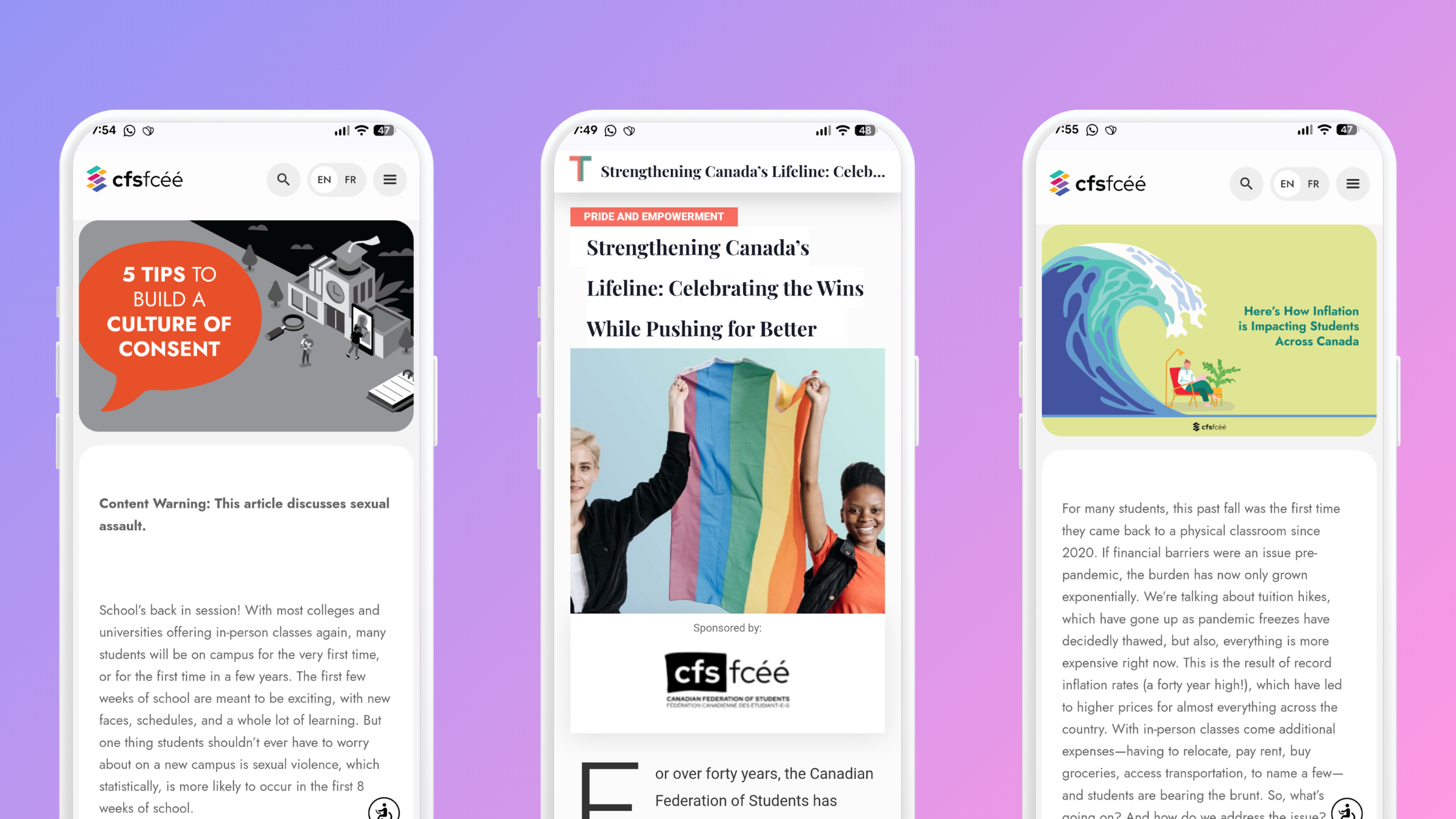 Image of phone screens displaying articles written for the Canadian Federation of Students.