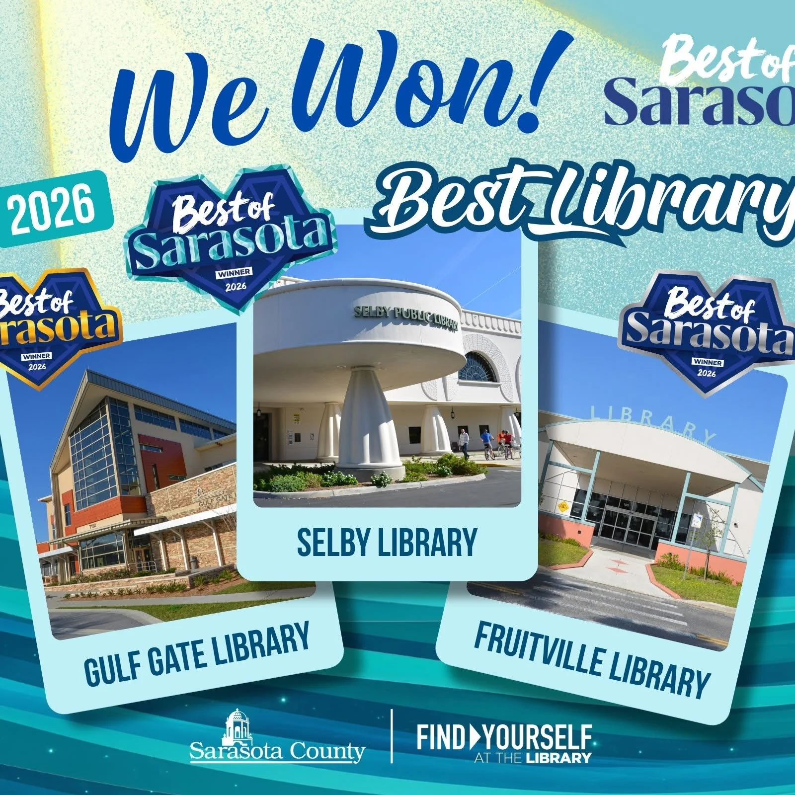 Congratulations to 🏆Sarasota County Libraries and Historical Resources 🏆 for some exciting wins in @sarasotamagazine's Best of Sarasota 2026!

Our libraries took home top honors in the Best Library category!
💎 Selby Library: Diamond Winner
💛 Gulf