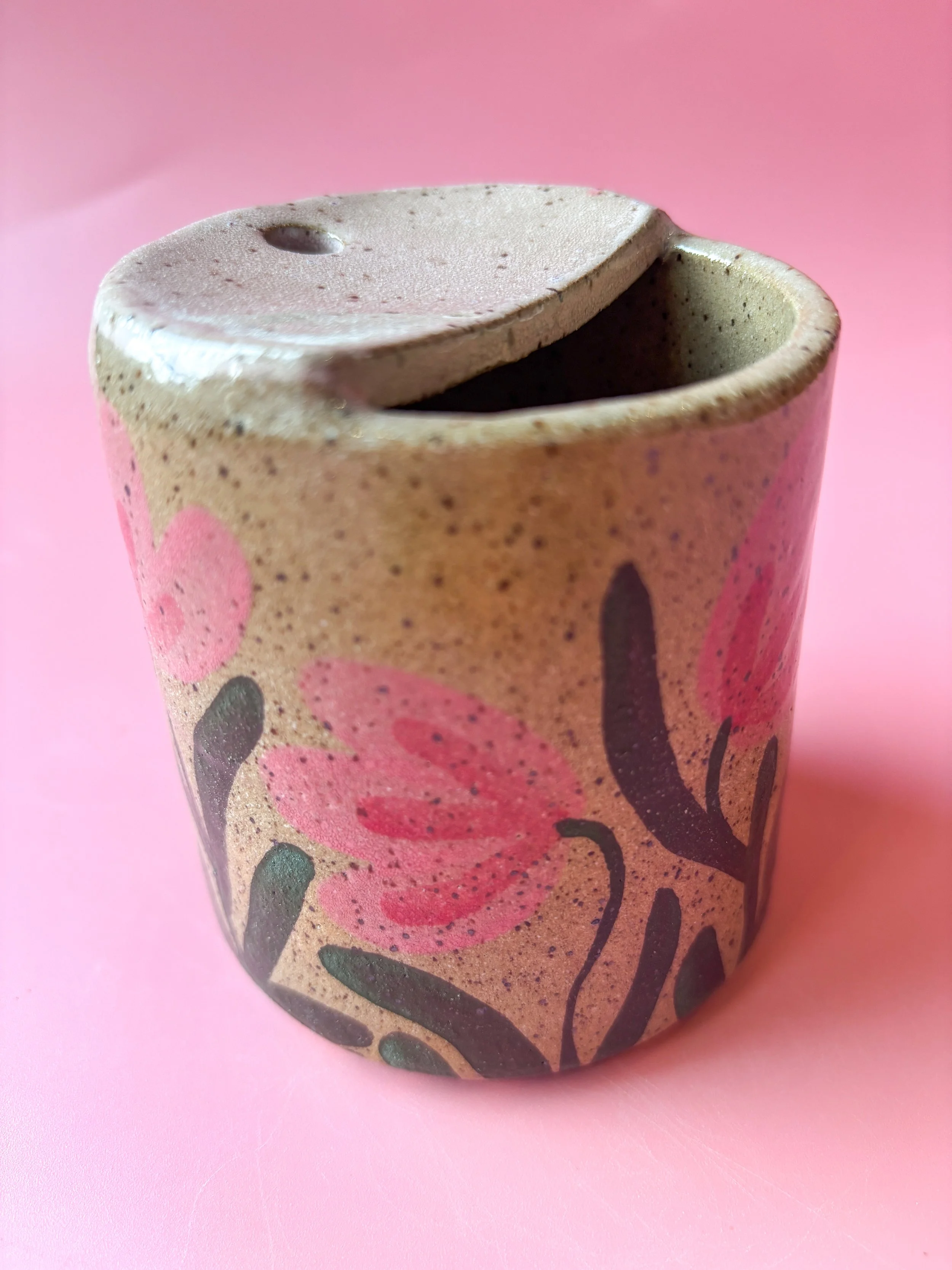 Pink Wildflowers Speckled Clay Travel Mug